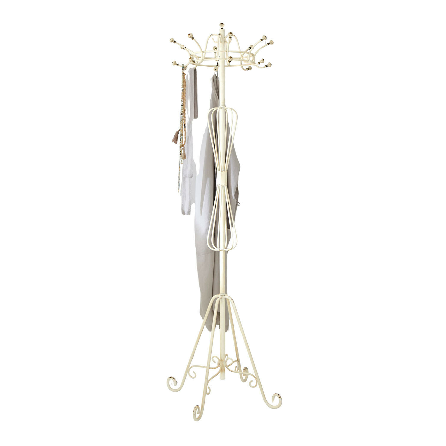 Perchero Whitlowe Perchero metálico color crema con ganchos decorativos y bufandas colgadas