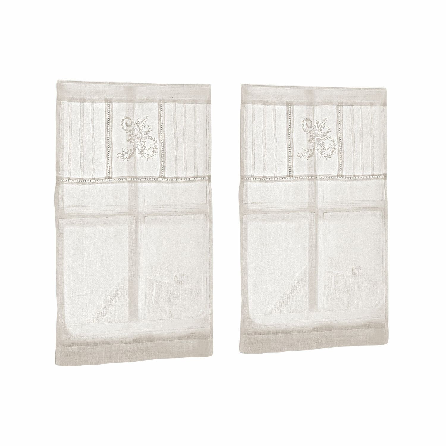 visillo Mayenne Par de cortinas beige de lino fino con bordado, decoración elegante para ventanas de salón