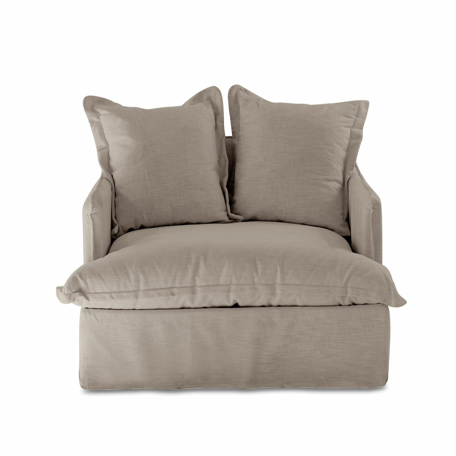 Sofá beige de tela con dos grandes cojines, mueble cómodo para salón