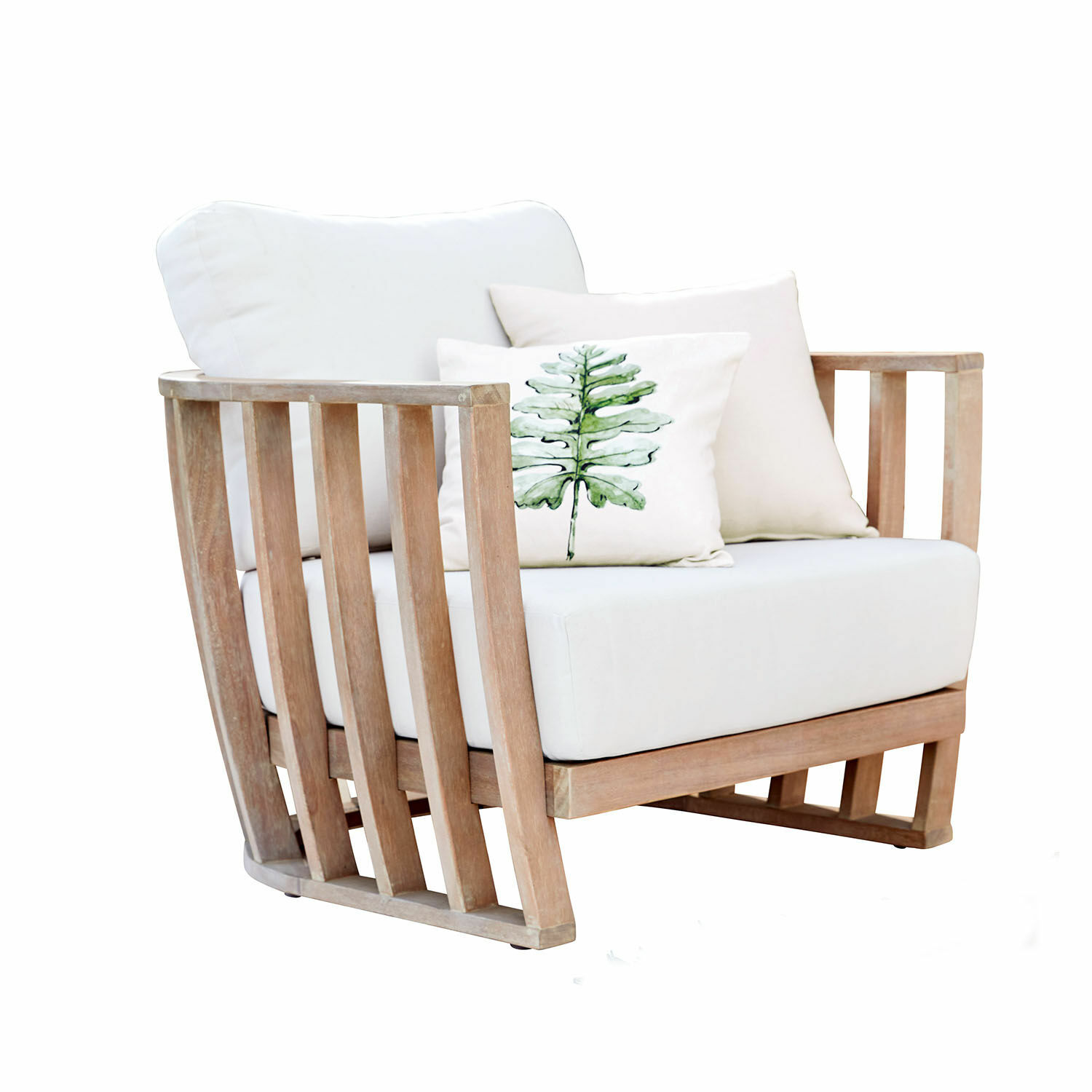 Sillón de madera de teca con tapicería blanca y cojines, mueble moderno para sala