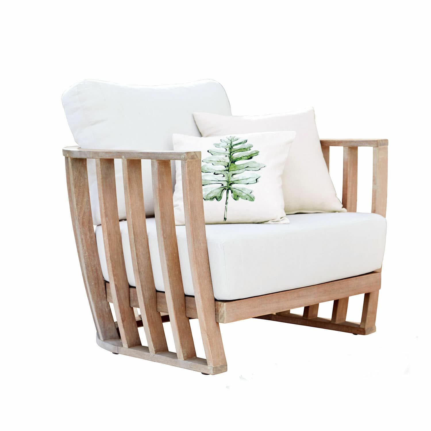 Sillón FSC®-100% Vézère Sillón de madera de teca con tapicería blanca y cojines, mueble moderno para sala