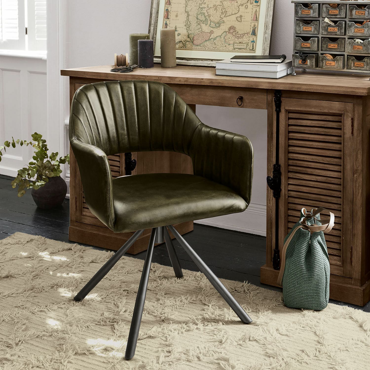 Silla Murtagh Silla giratoria de cuero sintético verde con patas metálicas estilo vintage para oficina