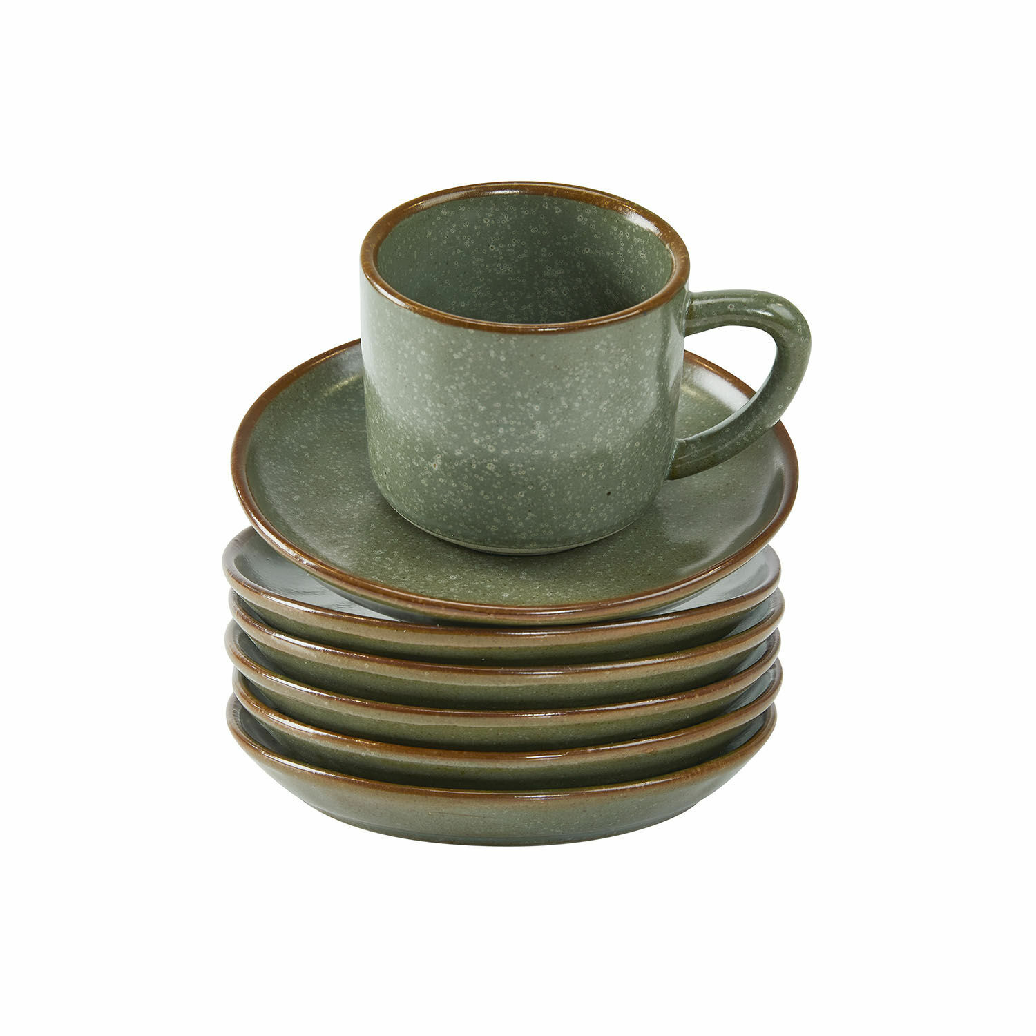 Set de 6 tazas y platillos Biarré Juego de tazas y platos de cerámica verde con borde marrón para café y té