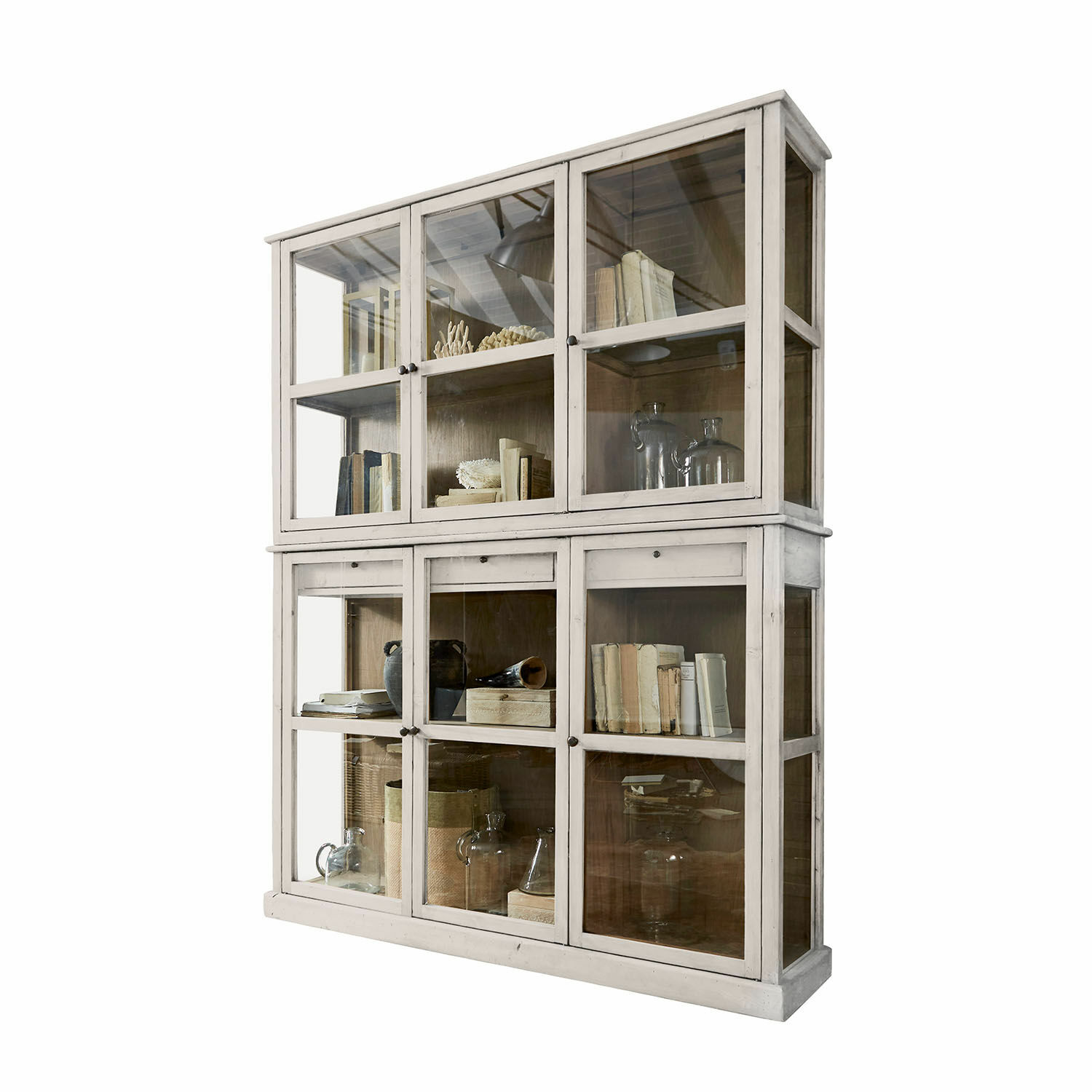 blanco envejecido Aparador Blaise de madera blanca antigua con puertas de cristal y estantes para libros y decoración