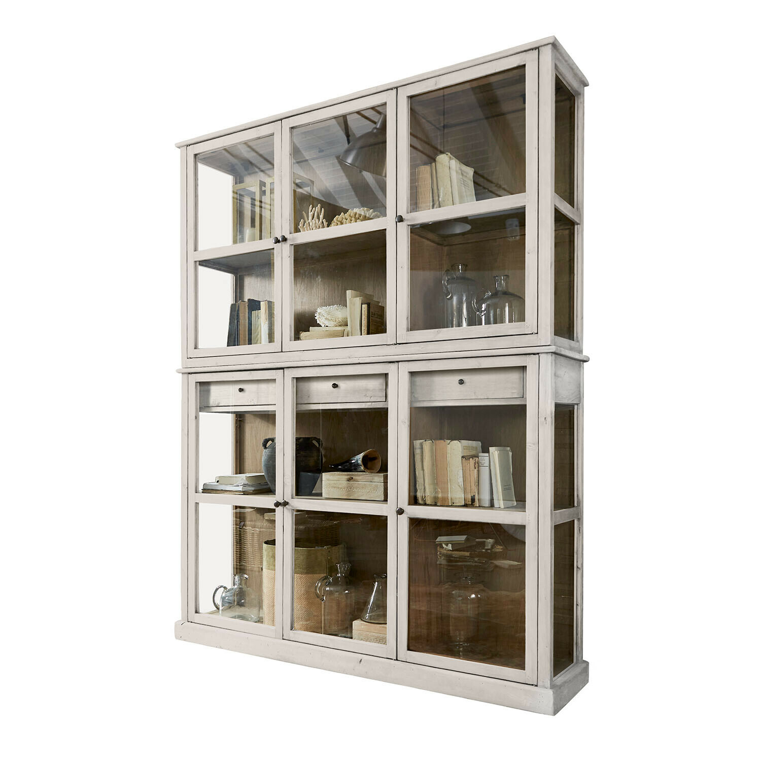 Aparador Blaise de madera blanca antigua con puertas de cristal y estantes para libros y decoración