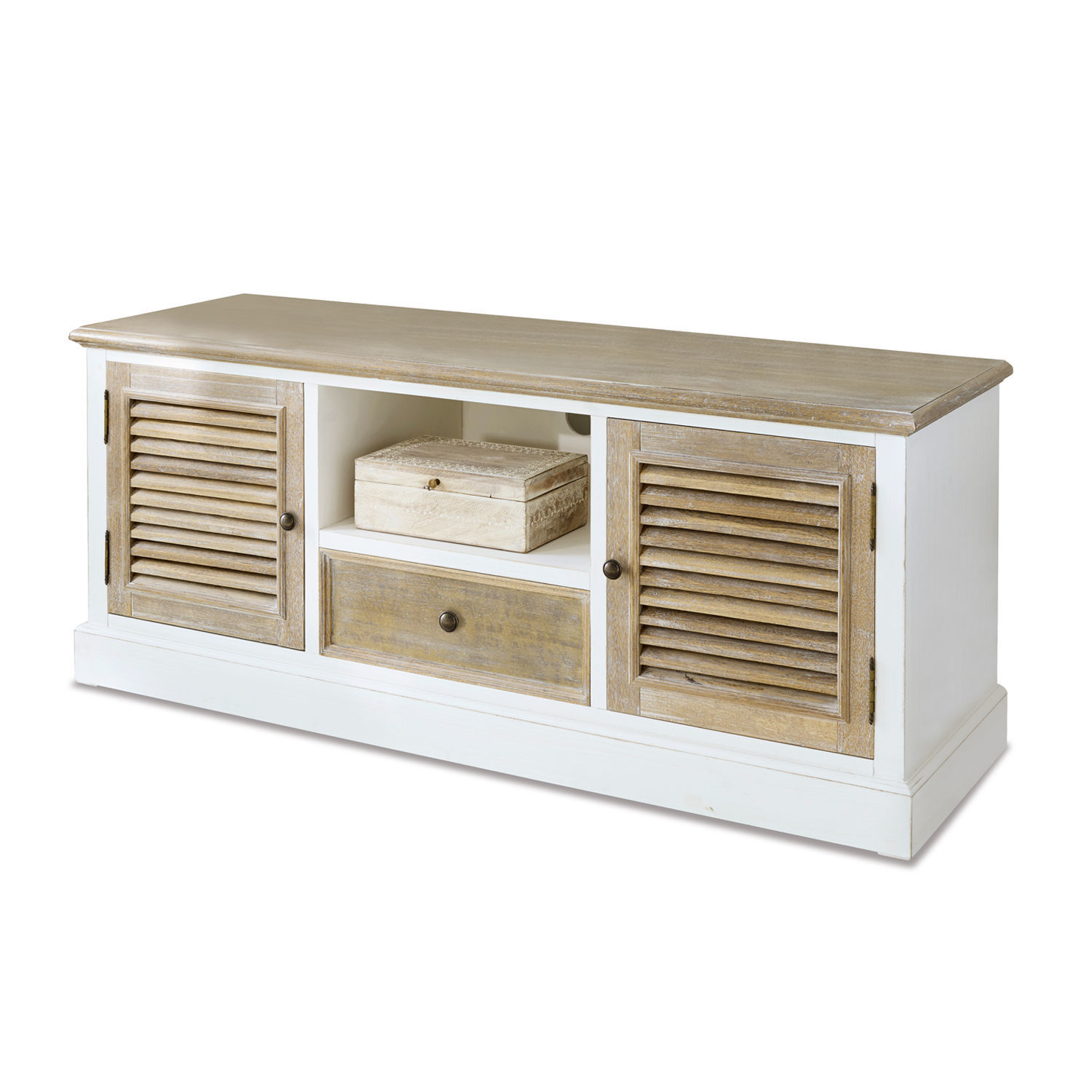Aparador Glencoe Aparador de madera en blanco y natural con cajón y puertas con persianas, mueble de almacenamiento funcional