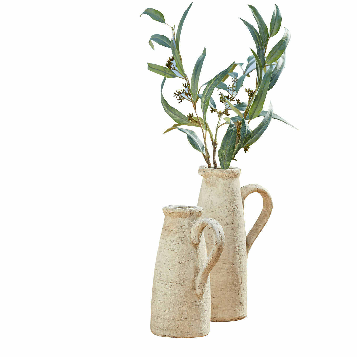 Set de 2 jarras decorativas Lilette Conjunto de dos jarrones de cerámica beige con asas, planta decorativa verde