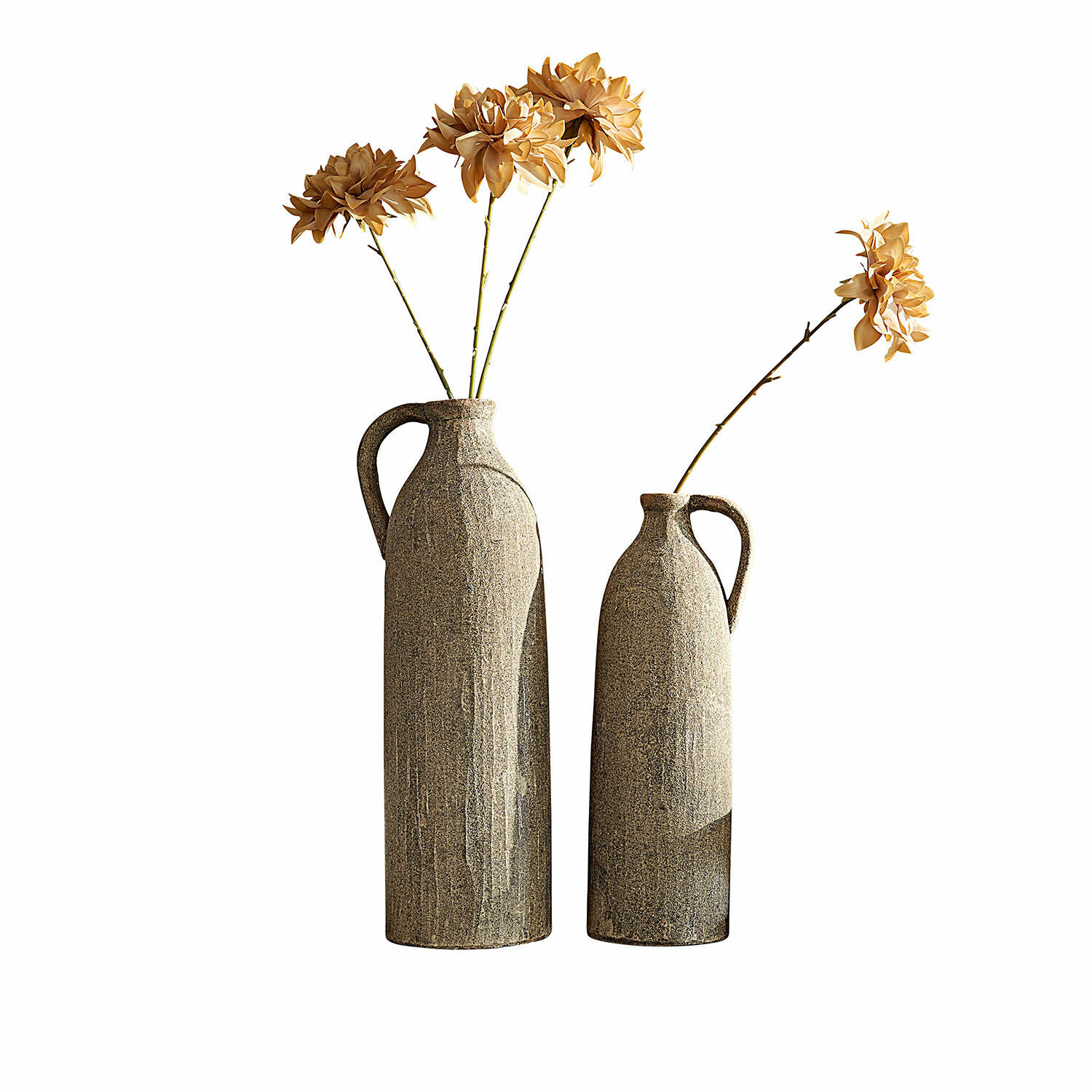 Set de 2 jarrones Kalidaan Conjunto de dos jarrones altos de cerámica gris con flores secas para decoración de interiores