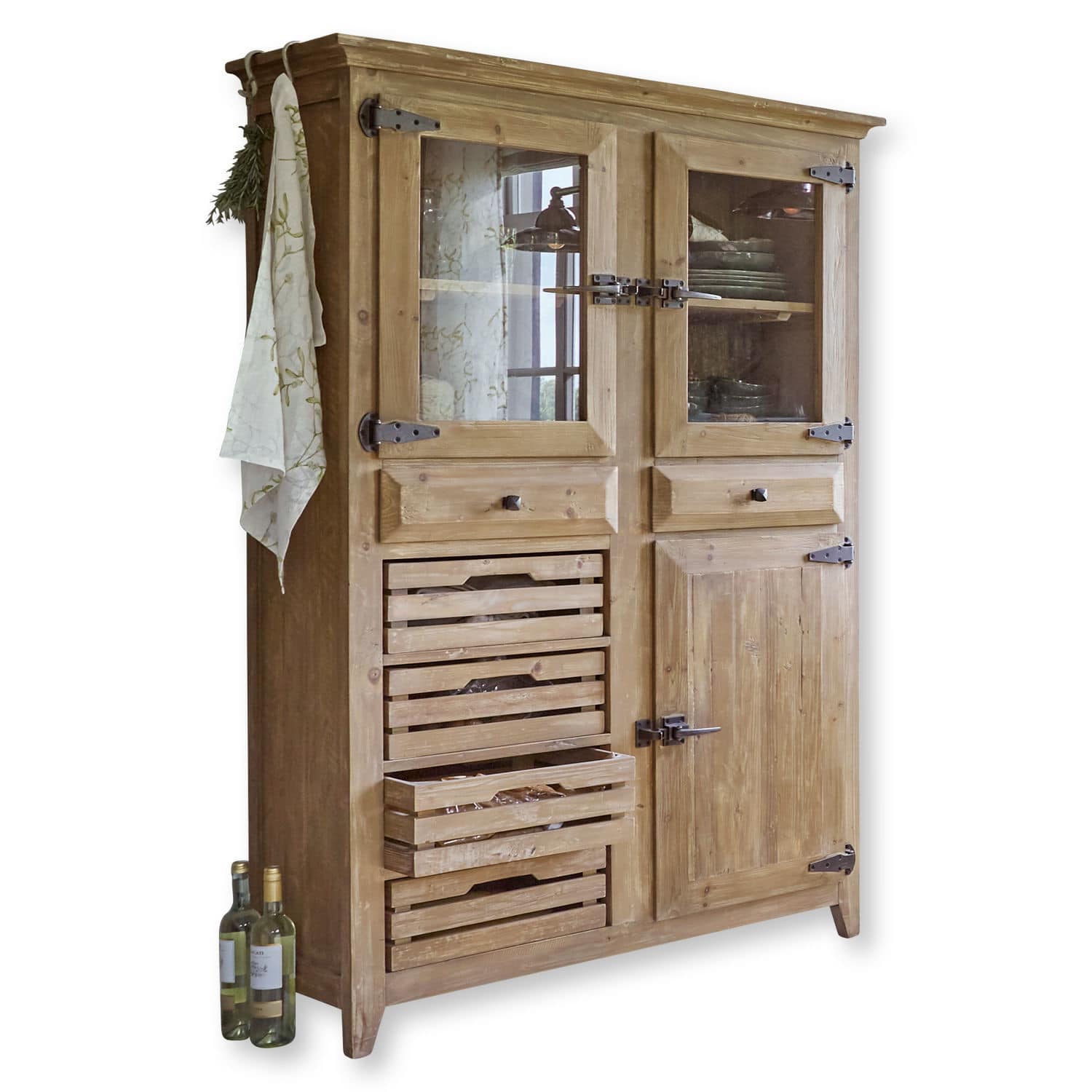 Armario Stonehenge Armario de madera natural con cajones y puertas de cristal para almacenamiento en cocina rústica