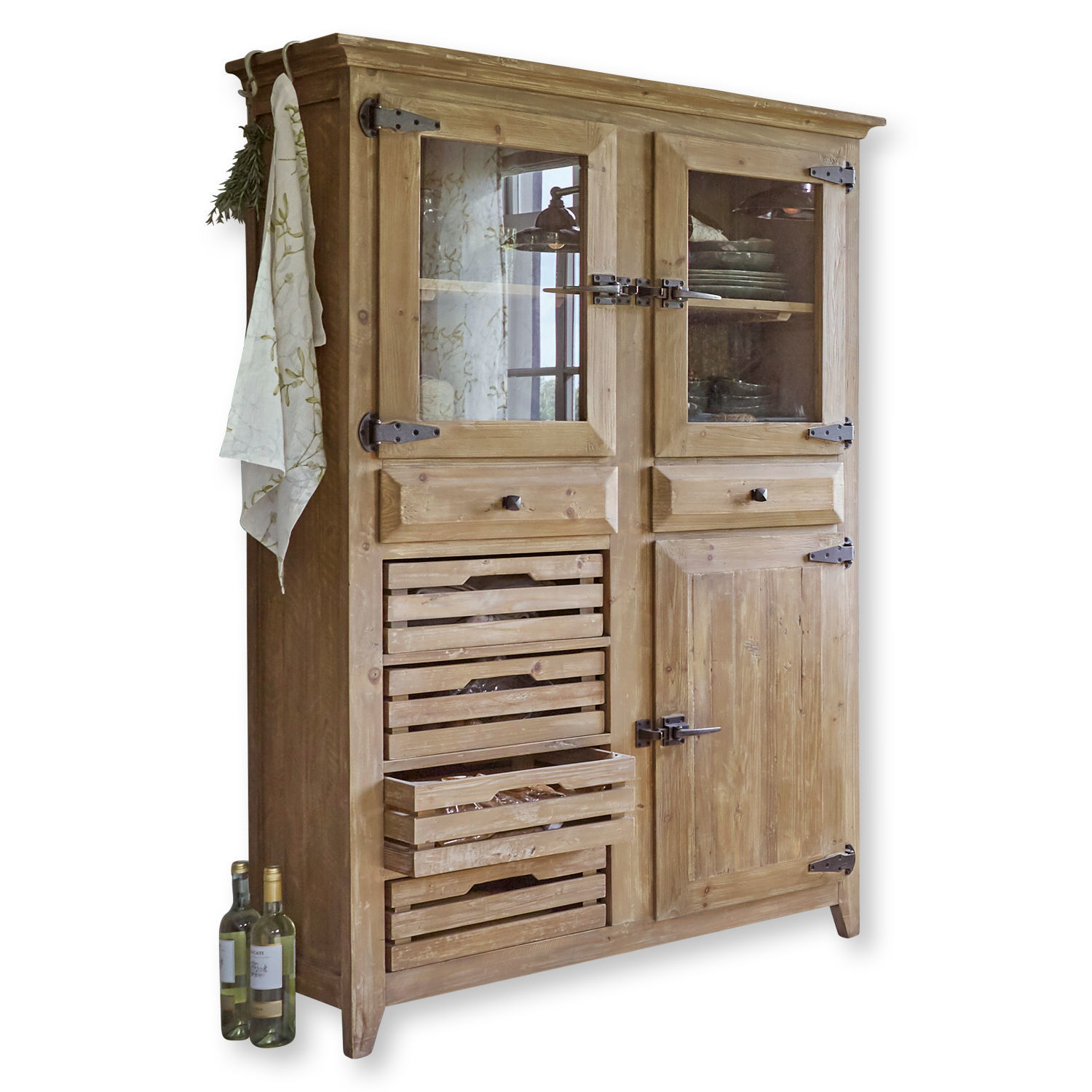 Armario Stonehenge Armario de madera natural con cajones y puertas de cristal para almacenamiento en cocina rústica