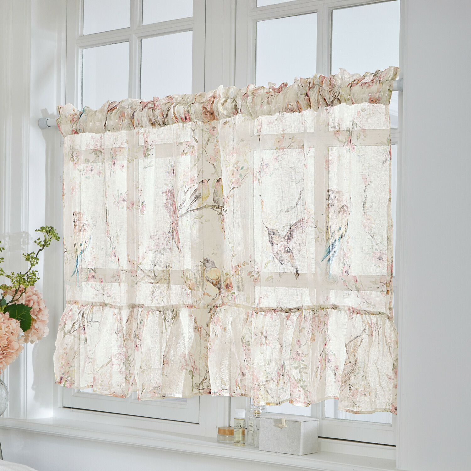 Visillo Eronal Cortina translúcida de tela ligera color crema con diseño de pájaros y flores para salón