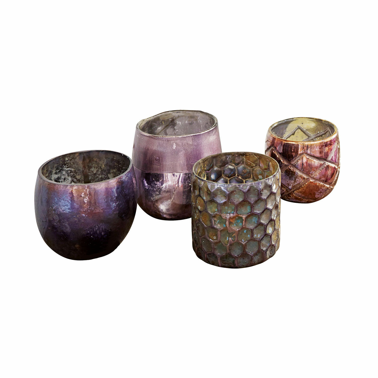 Set de 4 portavelas de vidrio morado con texturas variadas, decoración y luz ambiental
