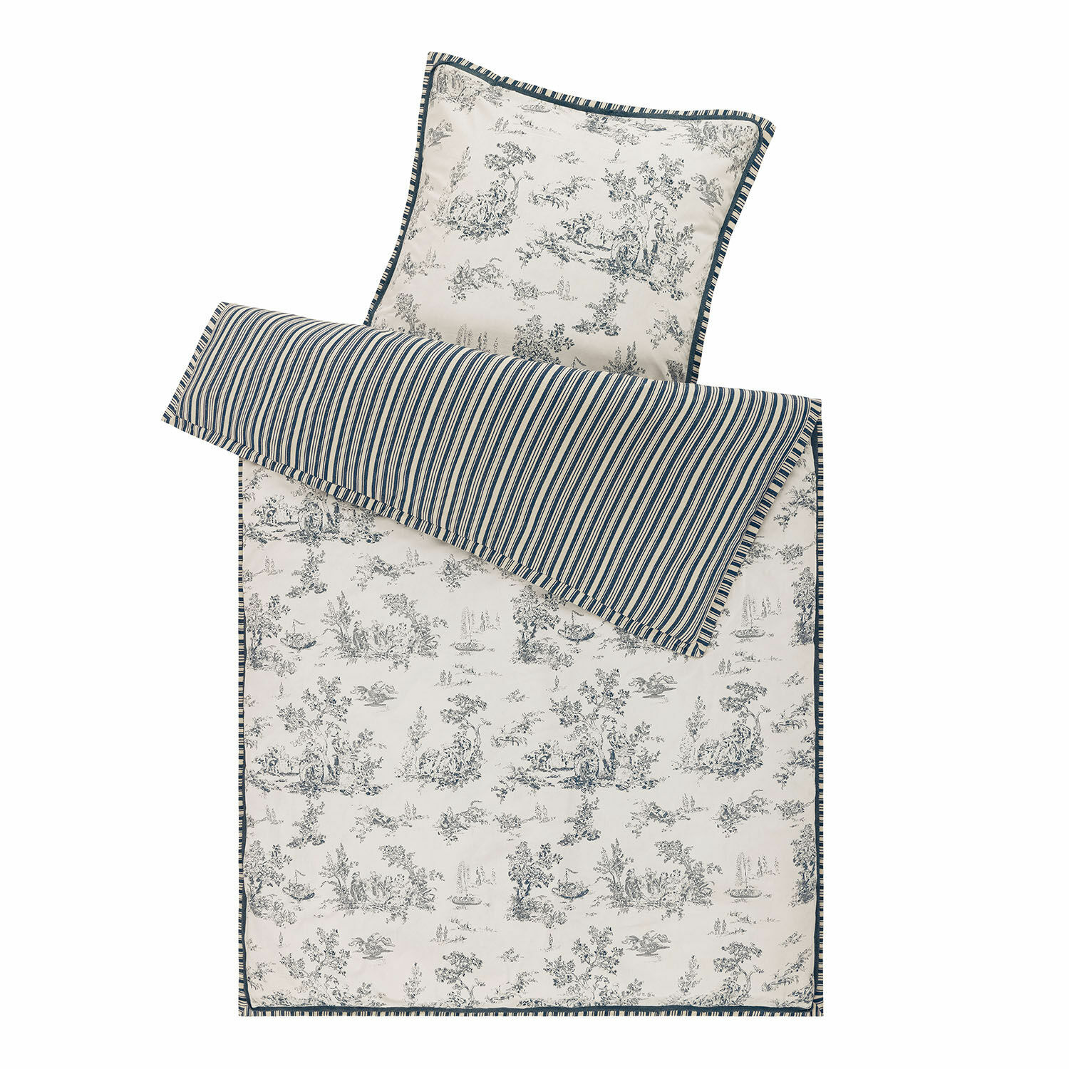 Ropa de cama Felencio Juego de ropa de cama de algodón con diseño paisajístico azul y blanco y rayas, conjunto decorativo para dormitorio