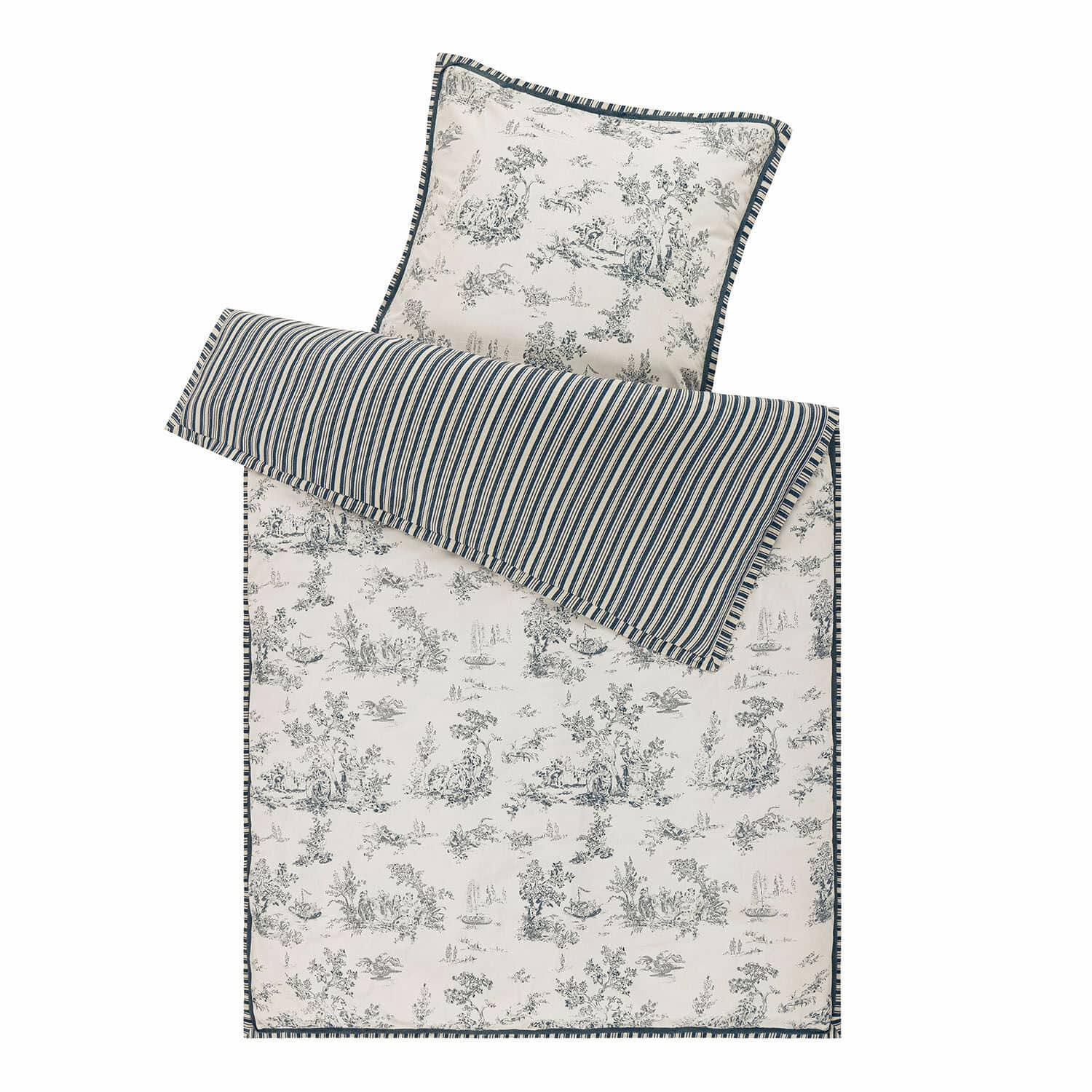 Ropa de cama Felencio Juego de ropa de cama de algodón con diseño paisajístico azul y blanco y rayas, conjunto decorativo para dormitorio