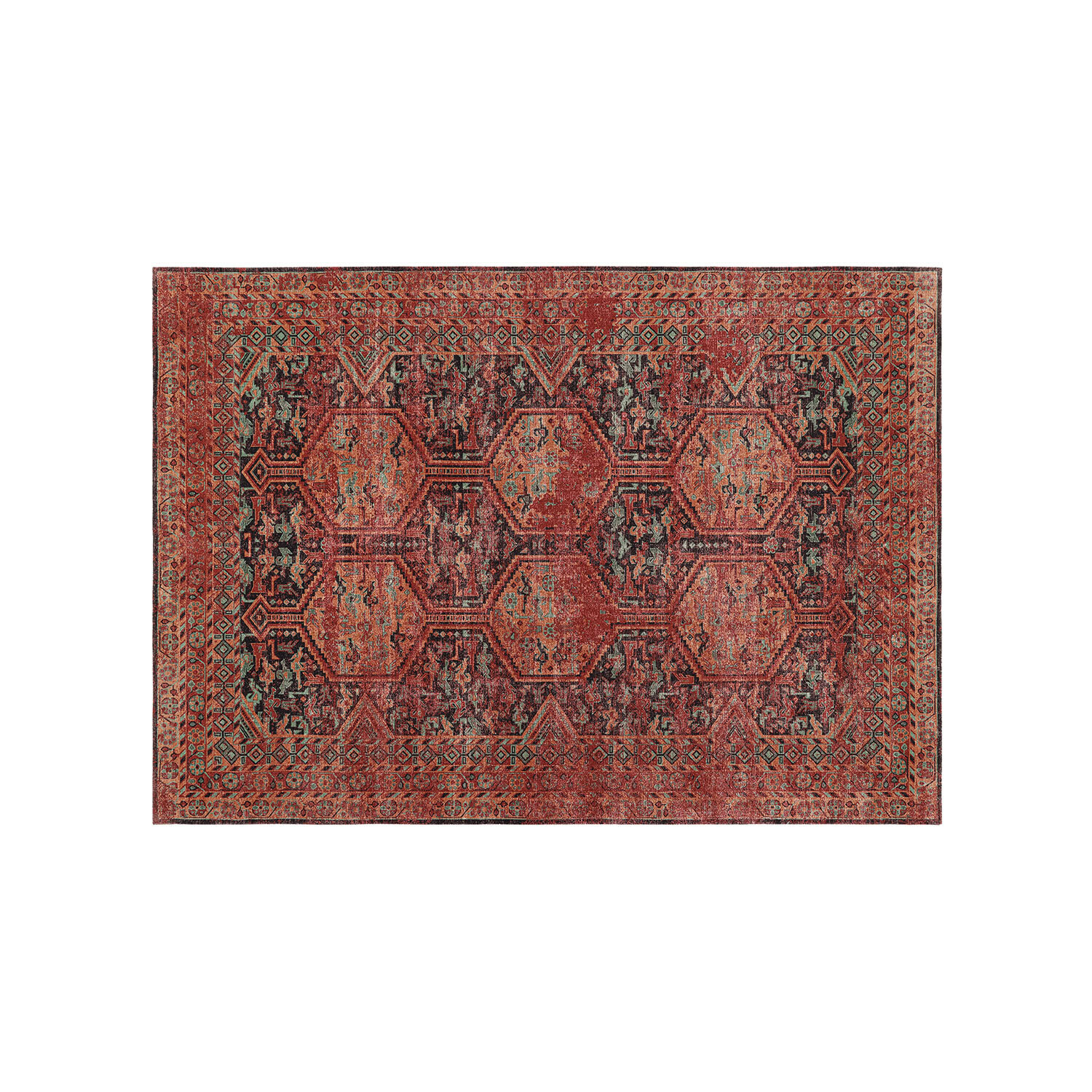 Alfombra con diseño oriental en tonos rojos y negros, decorativa y elegante