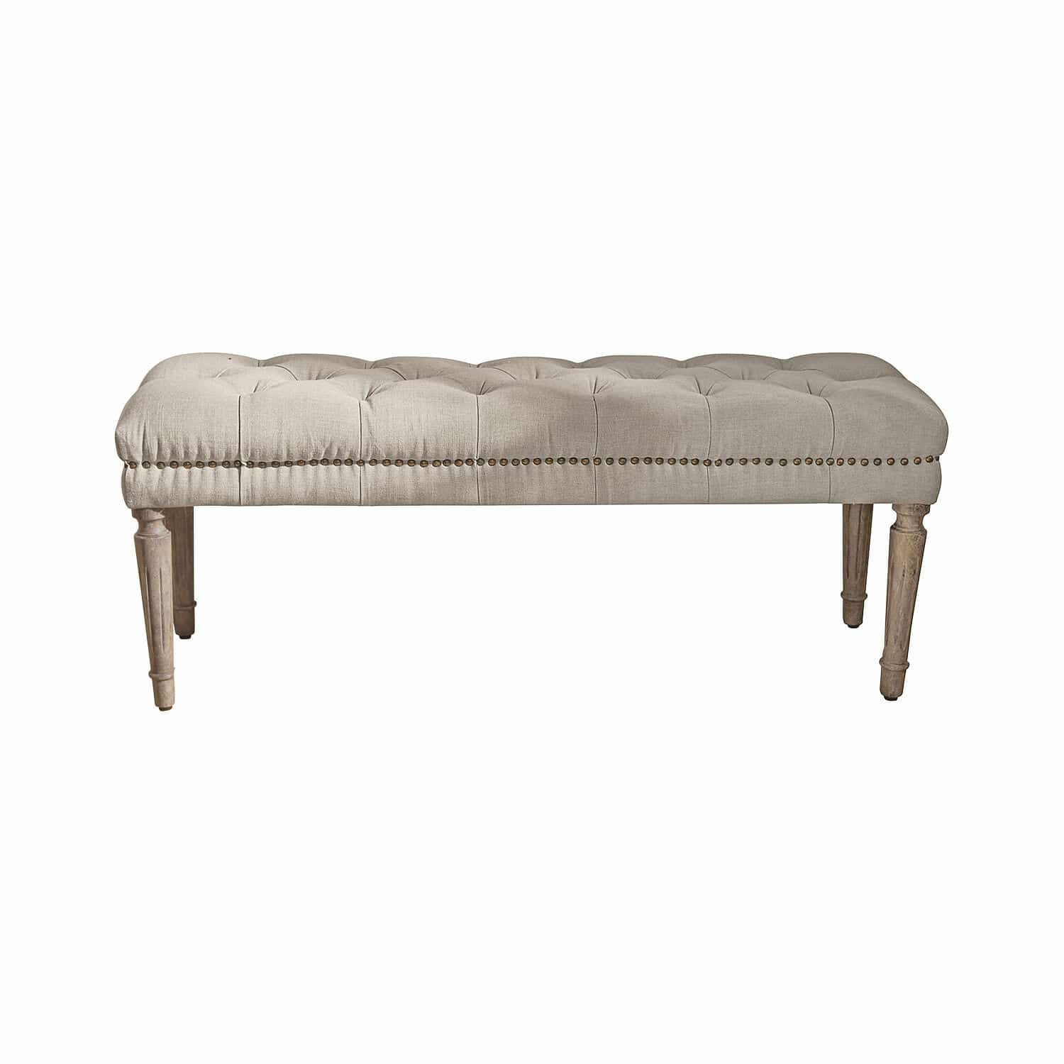 Banco Brookfield Banco tapizado beige con patas de madera y asiento capitoné para sala elegante