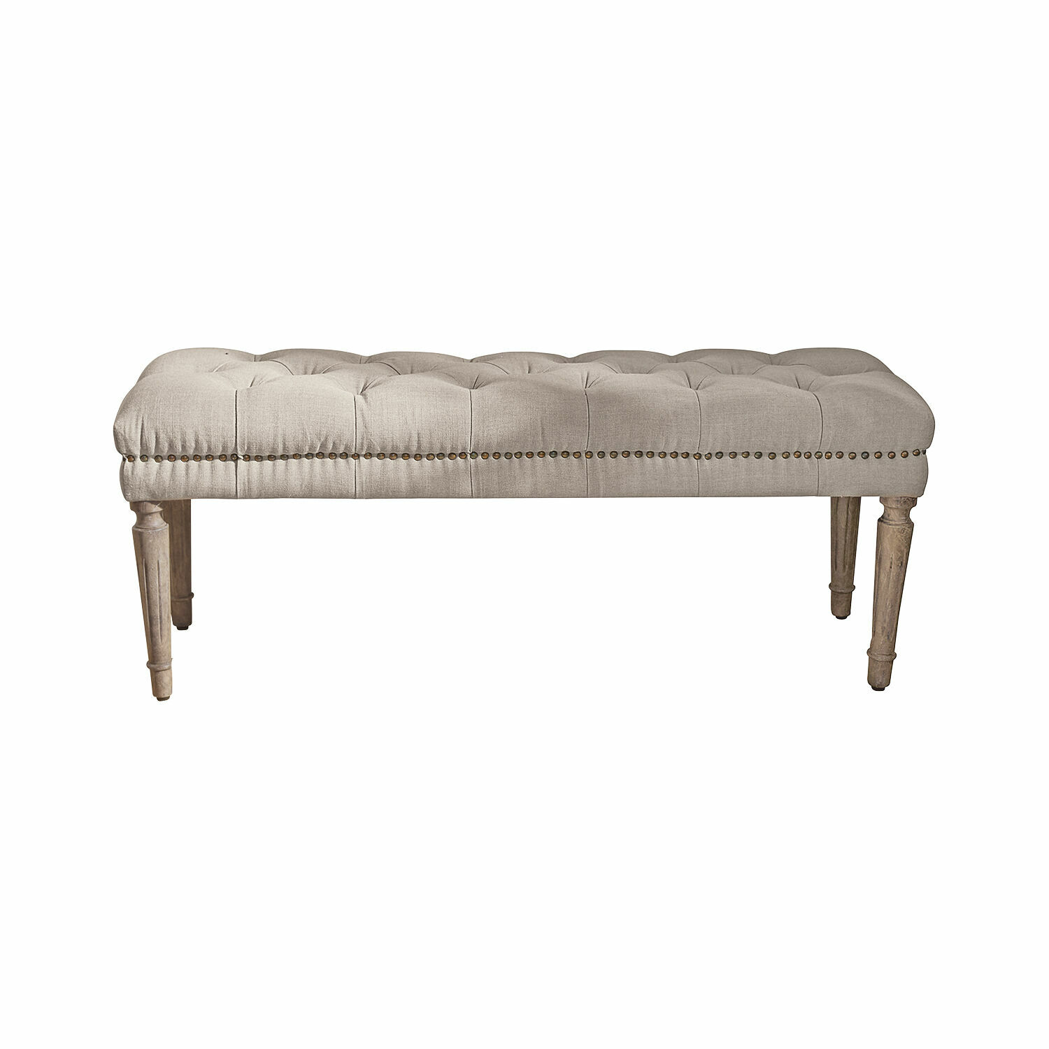 Banco Brookfield Banco tapizado beige con patas de madera y asiento capitoné para sala elegante