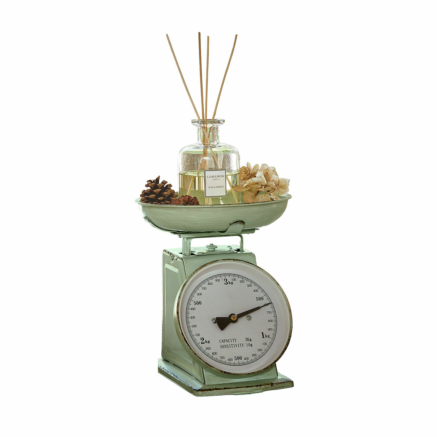 Balanza de cocina Dorianza Báscula de cocina verde de metal con dial blanco y frasco decorativo con varillas aromáticas