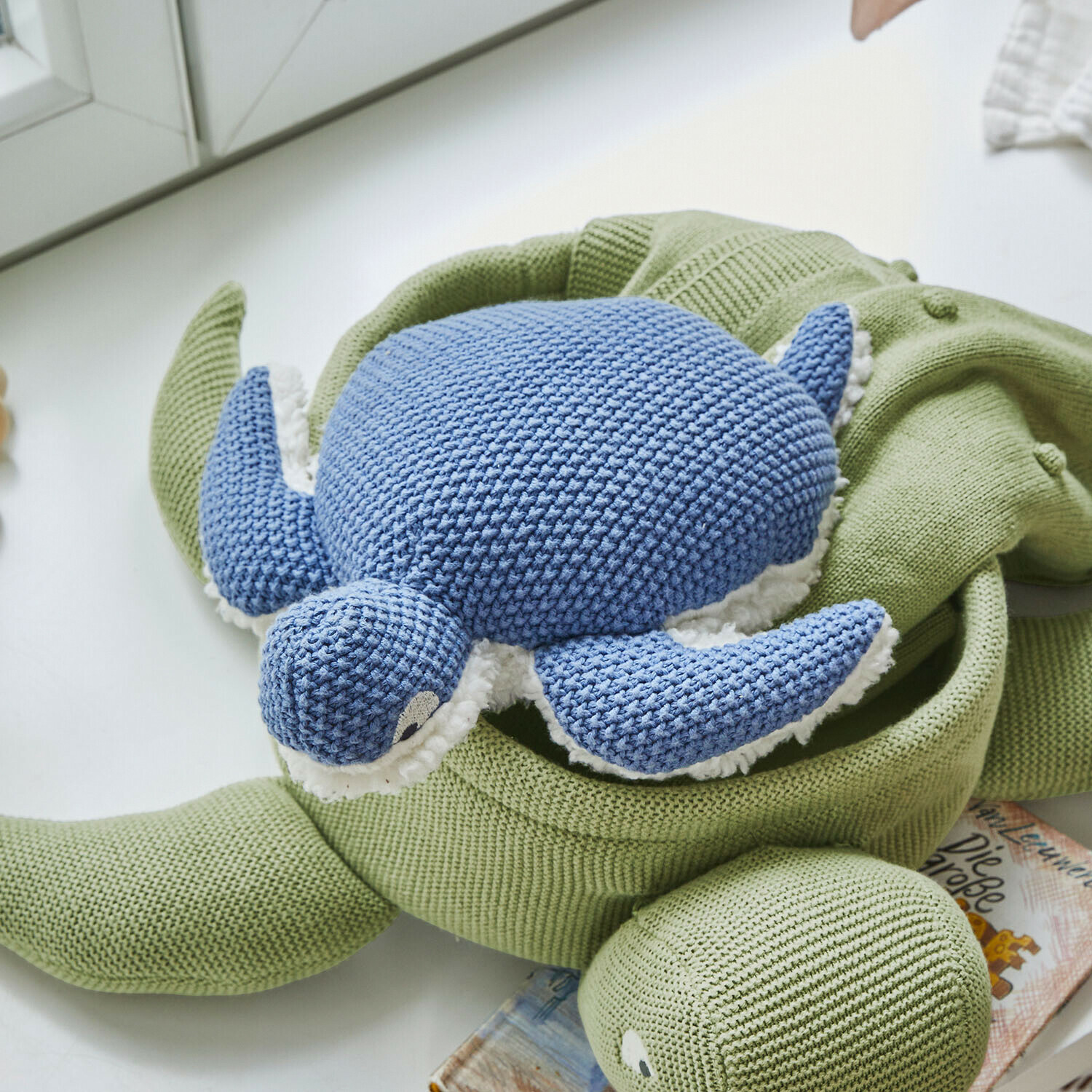 Peluche Lomencia Juguete de tortuga tejido en algodón verde y azul, suave, ideal para niños y decoración infantil