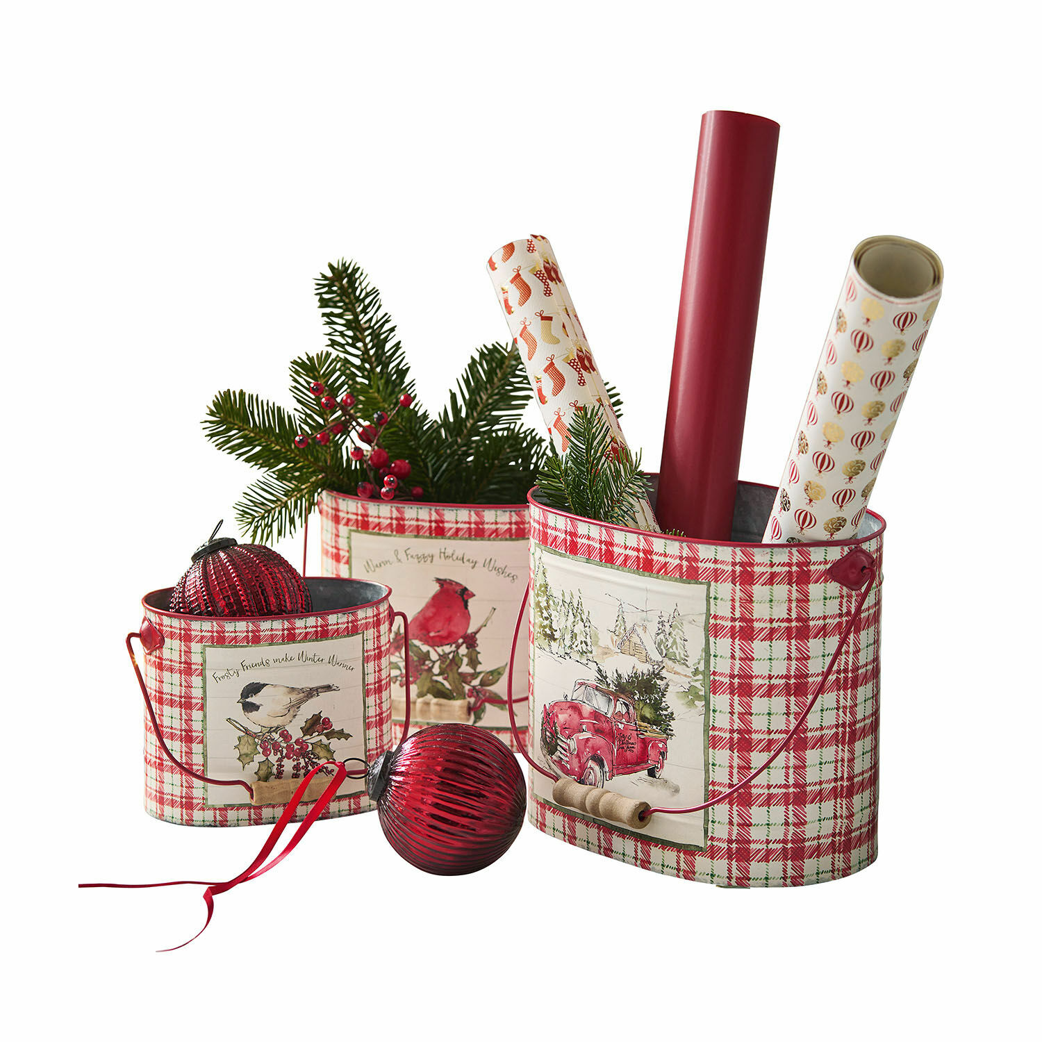 Set de 3 macetas Fuzzy Conjunto de tres recipientes metálicos a cuadros rojos y blancos con motivos navideños y decoraciones festivas