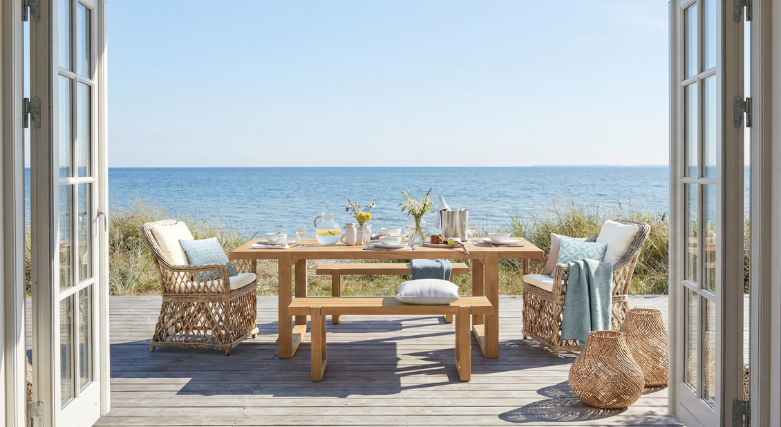 Mesa de madera y sillas de ratán en terraza con vistas al mar, montaje para brunch al aire libre