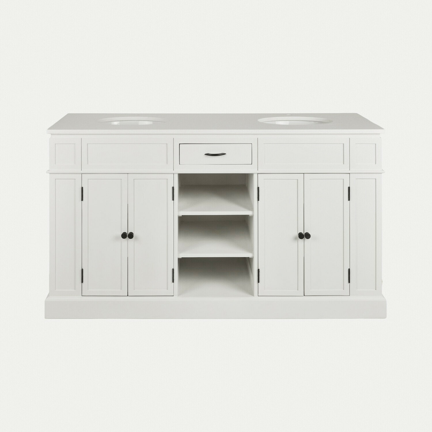 Mueble de baño con lavabo doble Lydia Mueble de baño blanco con dos huecos para lavabos y tiradores negros, espacio de almacenamiento
