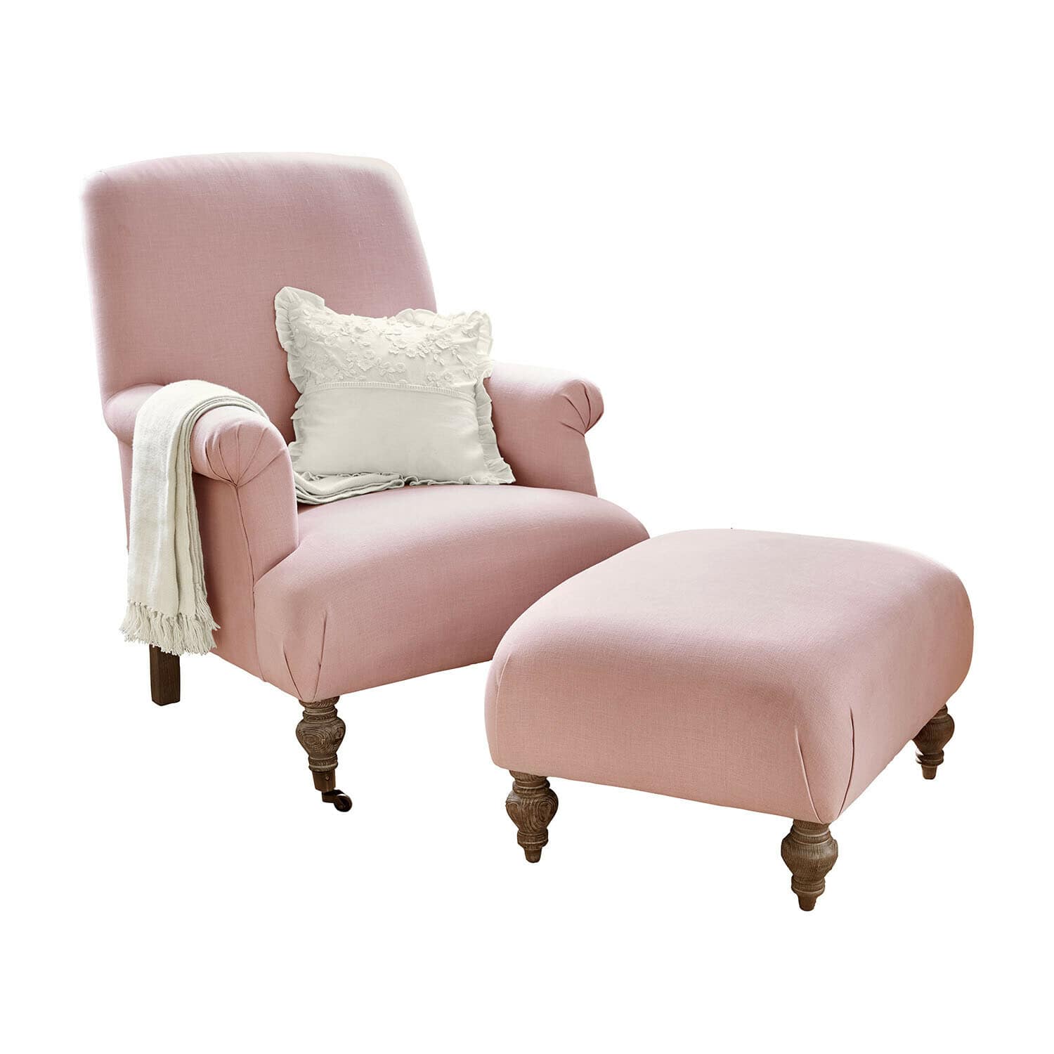 Sillón con reposapiés Rose de Lumière Sillón rosa de tela con reposapiés a juego y cojín decorativo blanco con patas de madera