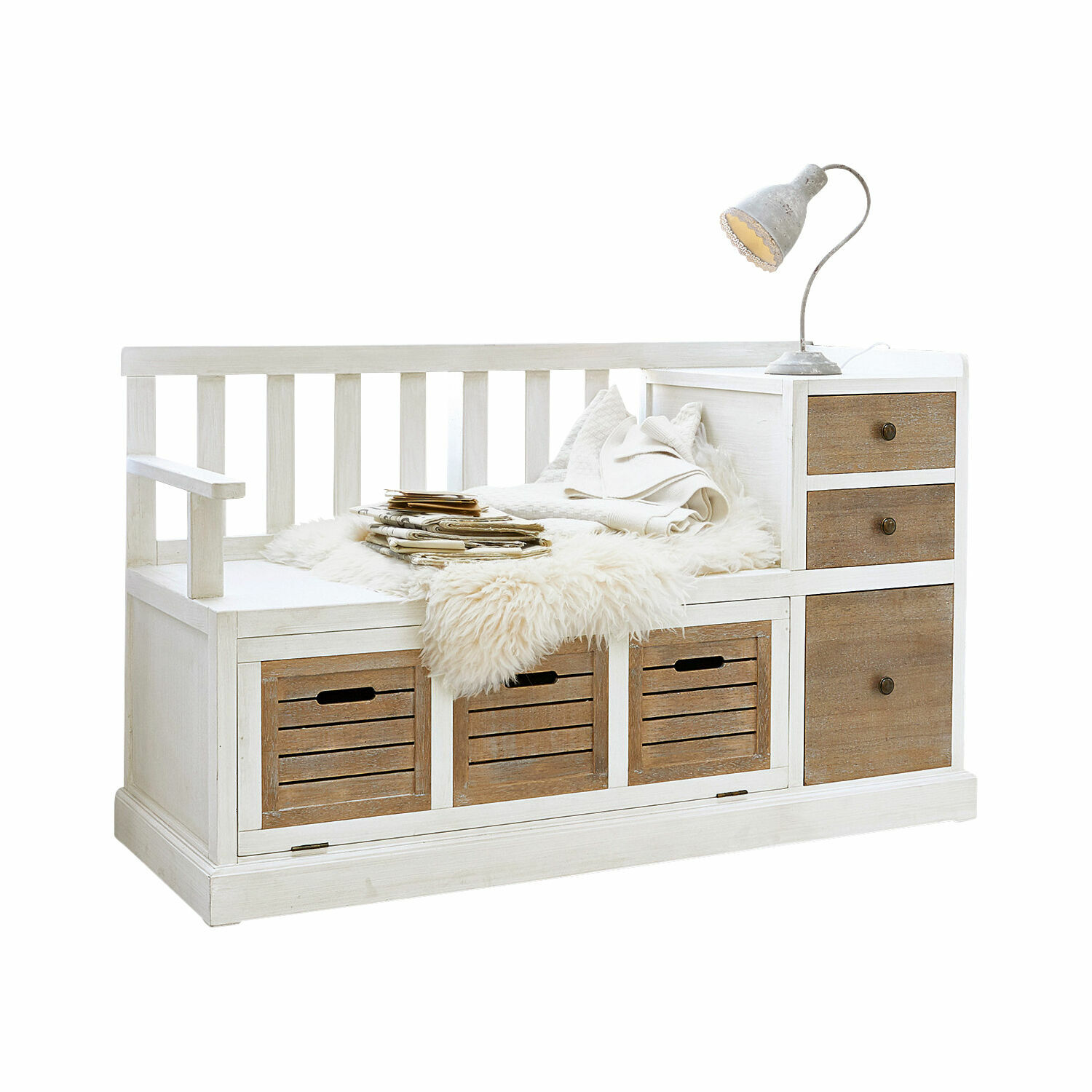Banco Elton Banco de madera blanca con cajones marrones naturales y manta de piel sintética para almacenamiento