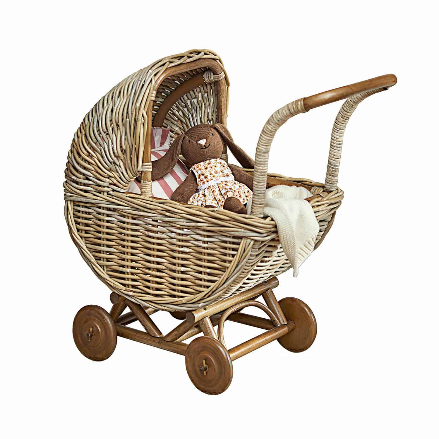 Cochecito de muñeca Fableton Cochecito de mimbre con ruedas de madera y conejito de peluche vestido con vestido floral