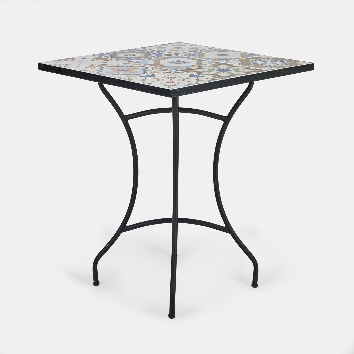 Mesa Céligny Mesa cuadrada con base metálica negra y tablero de cerámica colorida con diseño decorativo
