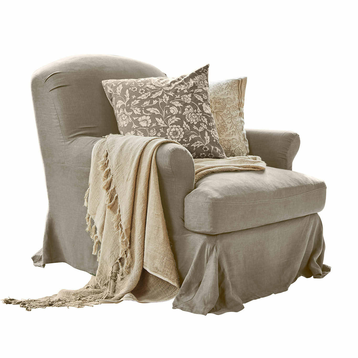 Sillón Vionnique Sillón beige de lino con dos cojines decorativos y manta suave para sala de estar