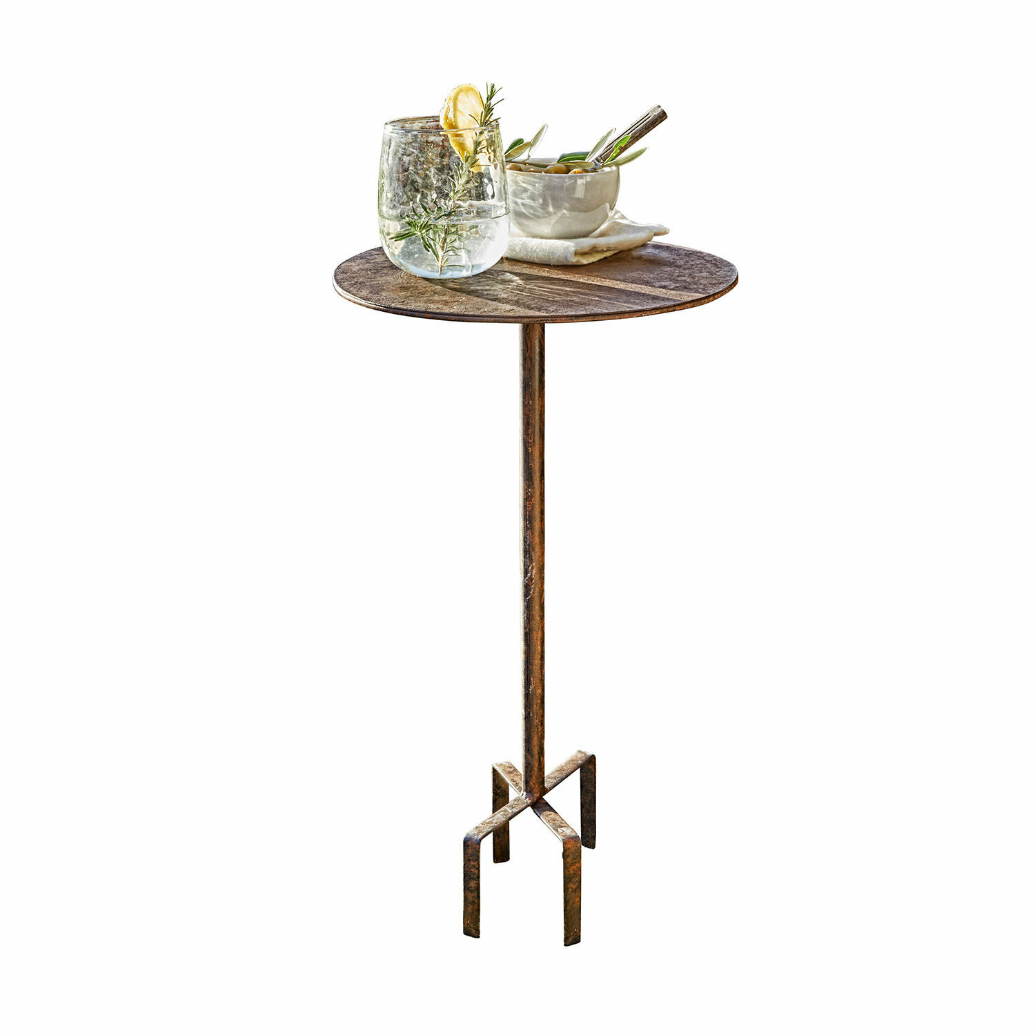 Mesa pequeña Fermont Mesa auxiliar de metal color óxido con superficie redonda, ideal para salón o terraza