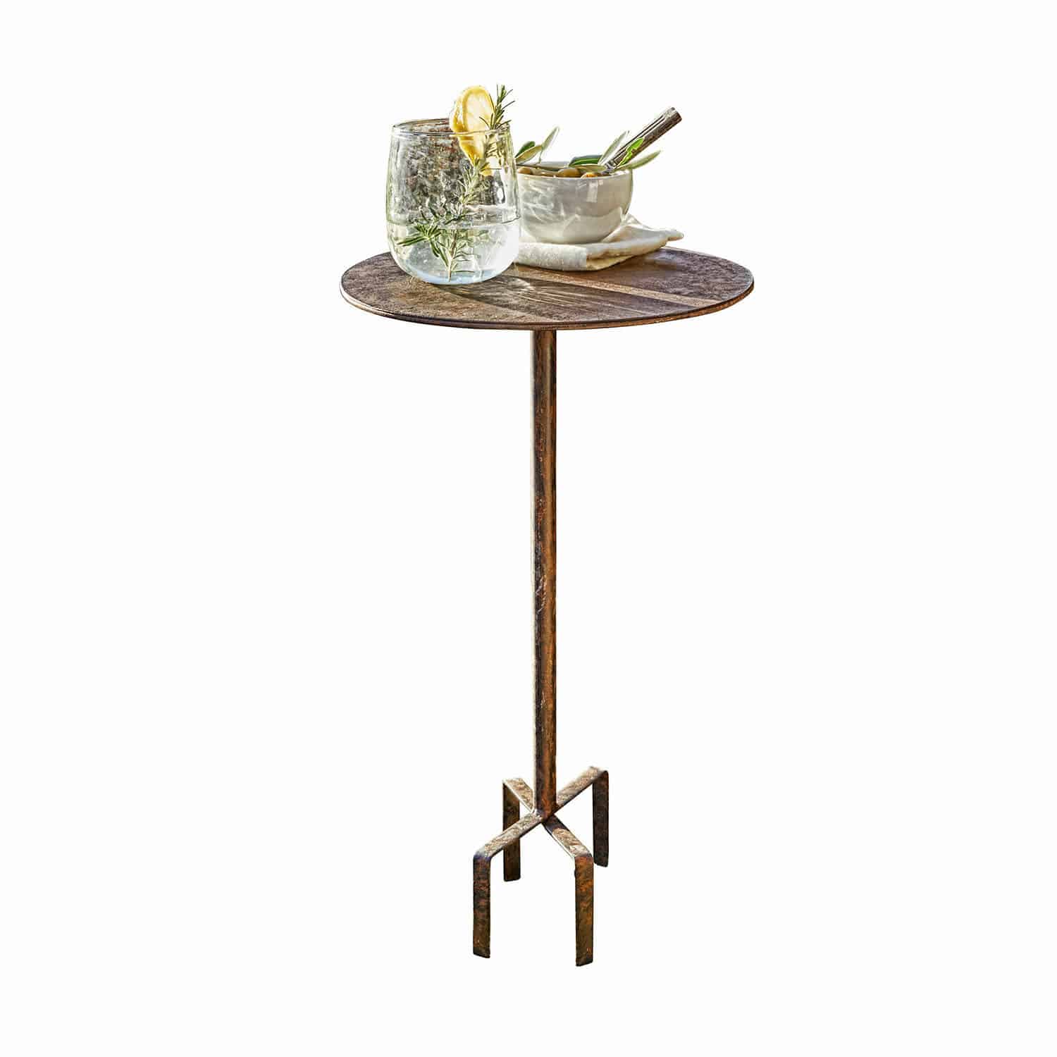 Mesa pequeña Fermont Mesa auxiliar de metal color óxido con superficie redonda, ideal para salón o terraza