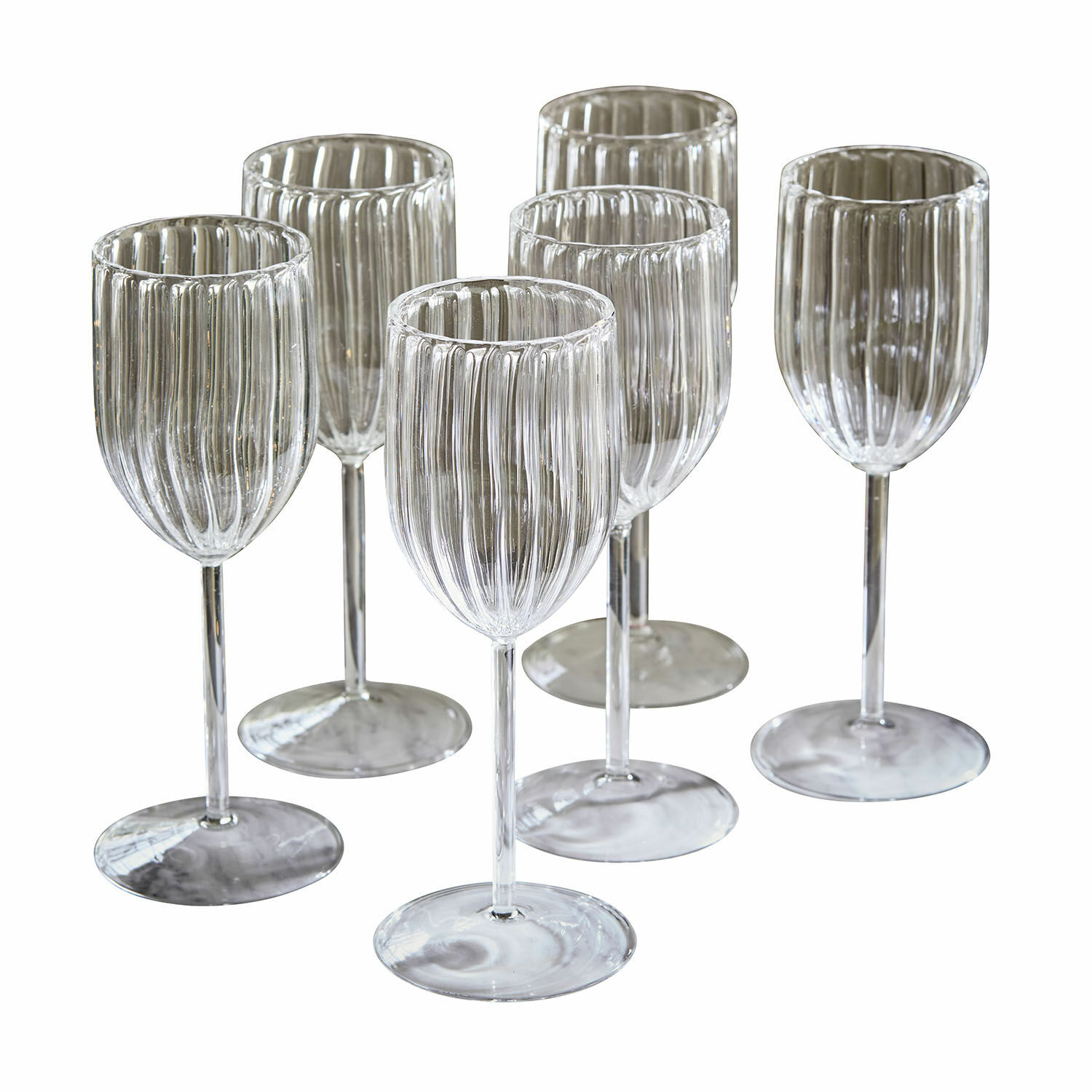 Set de 6 vasos Bavella Juego de seis copas de vino transparentes con vidrio estriado, diseño elegante para el hogar