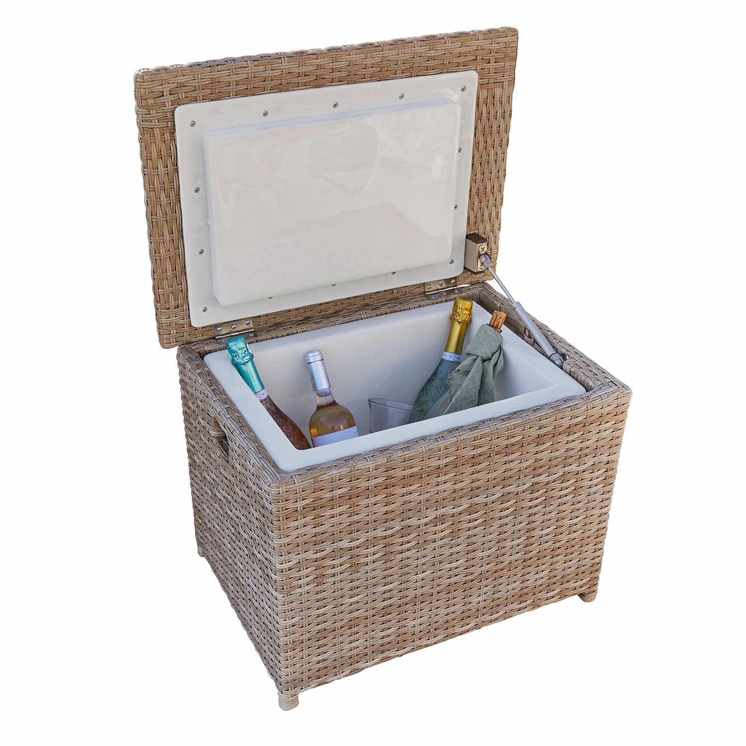 Nevera portátil Karamea Nevera de ratán natural con forro blanco y botellas en su interior para mantener bebidas frías