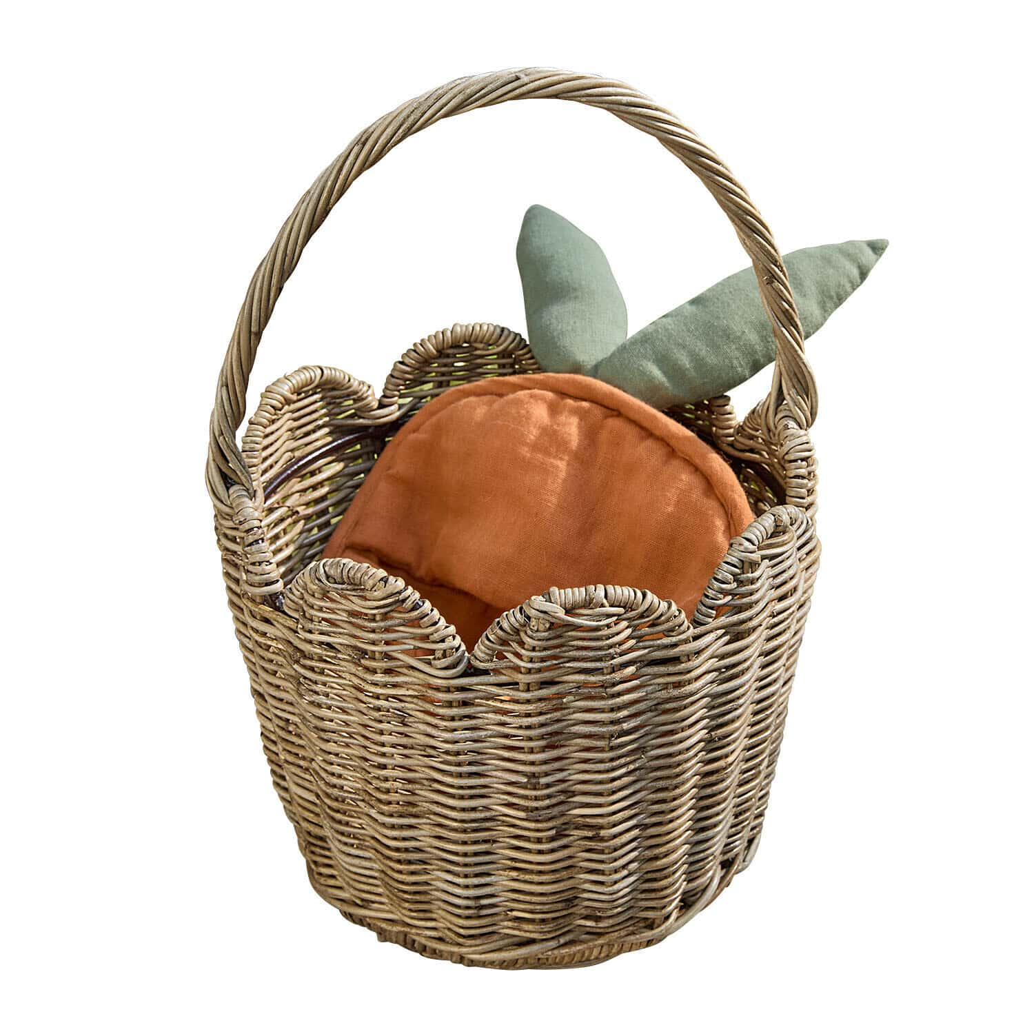 Cesta Whimsywood Cesta de mimbre con asa y cojín con forma de zanahoria en colores naranja y verde