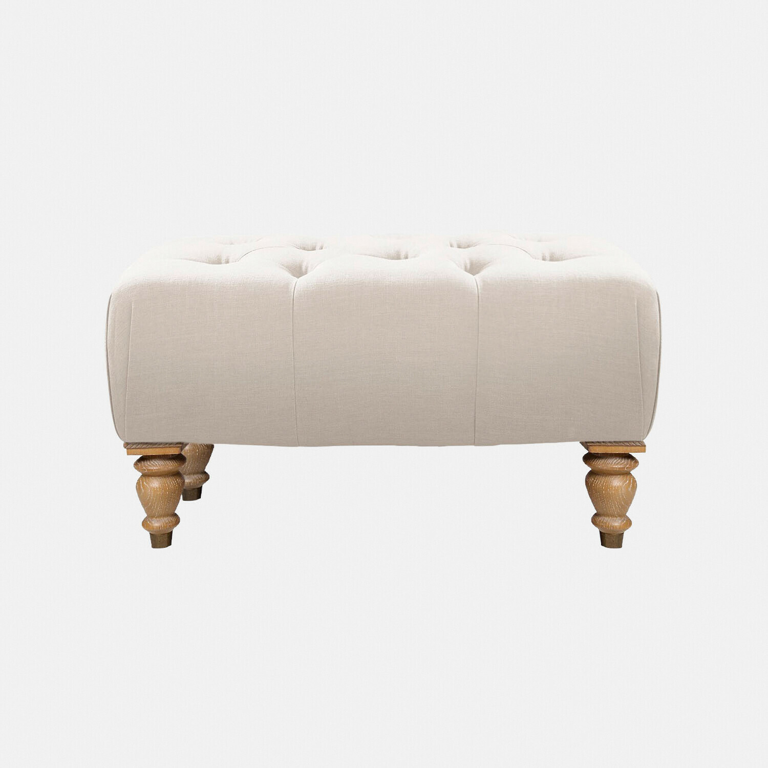 lino Puf Durance tapizado en lino beige con patas de madera torneada, mueble elegante para salón