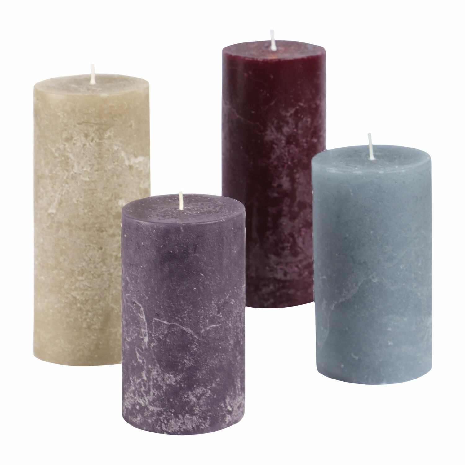 Set de 4 velas Berekua de cera en gris, taupe, lila y burdeos para decoración ambiental