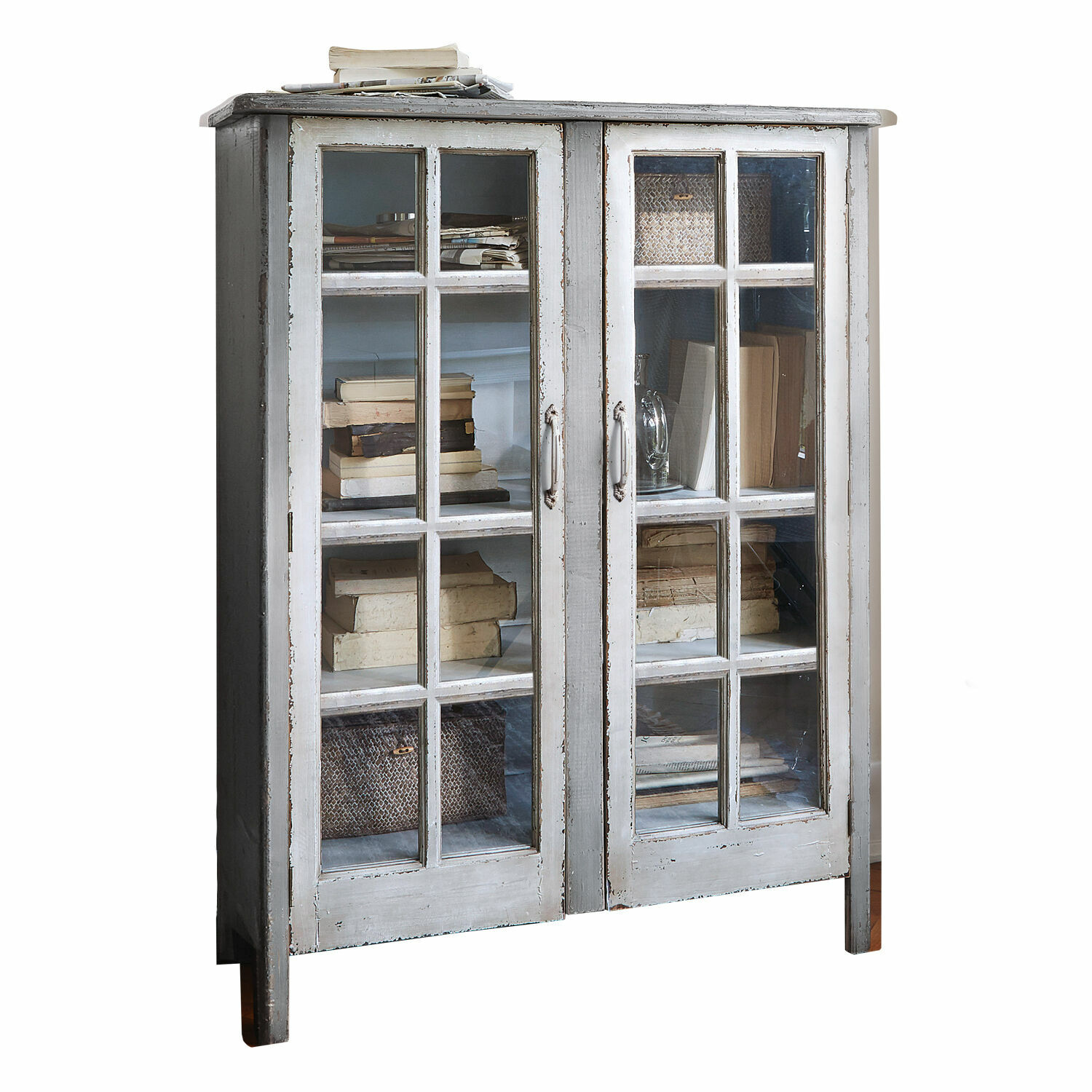 Cómoda Sherman gris con puertas de cristal y acabado envejecido para almacenar libros