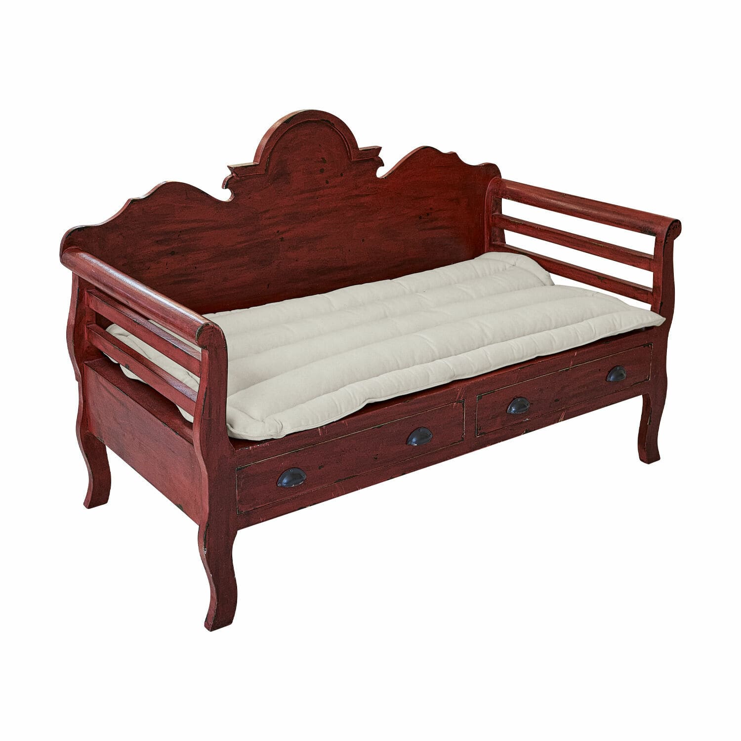 Banco de madera roja Cecil con cojín blanco y cajones, estilo rústico