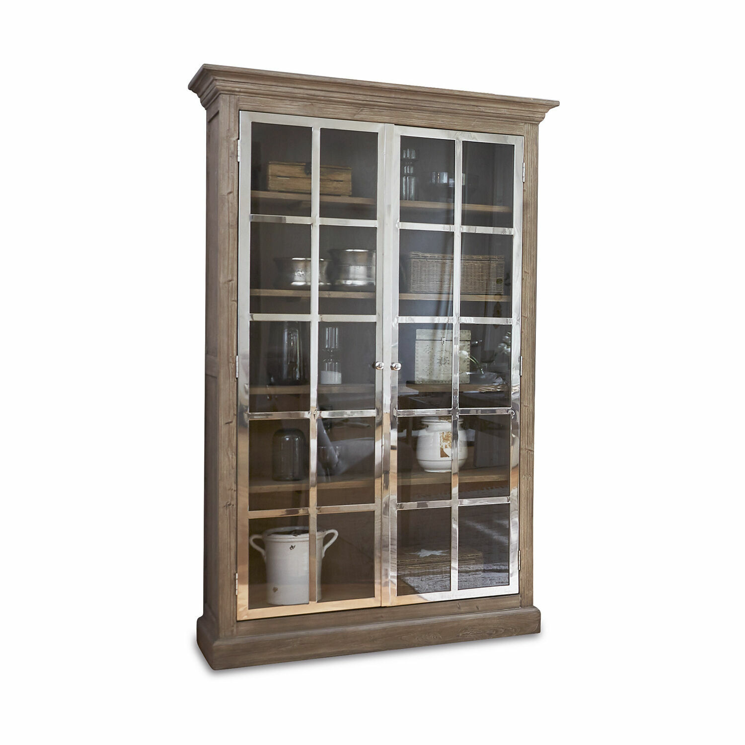 Armario Keyport Vitrina de madera natural con puertas de vidrio y marcos metálicos, mueble de almacenamiento para salón