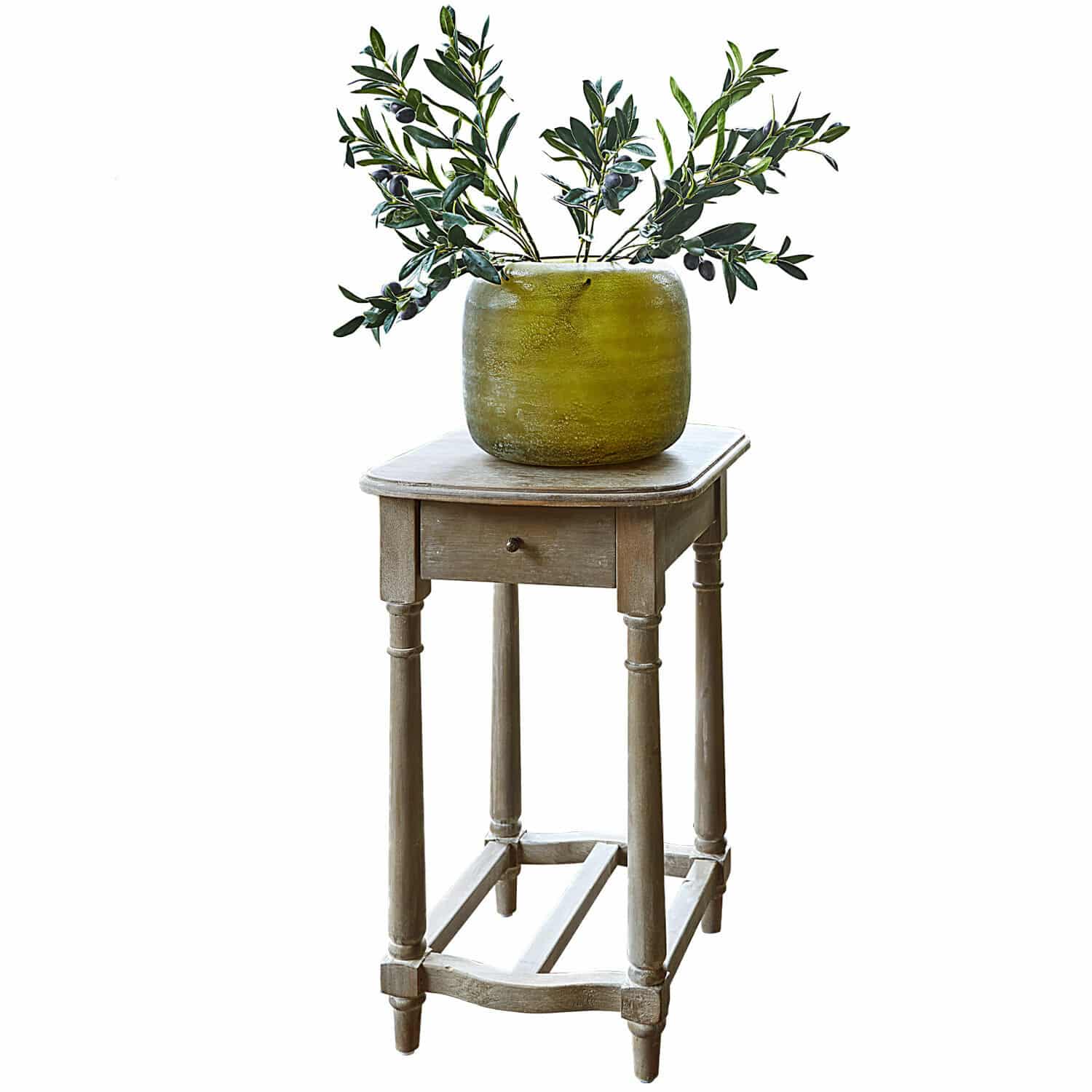 Mesa auxiliar Jaxeno Mesa de madera natural con cajón, maceta cerámica verde y ramas de olivo decorativas
