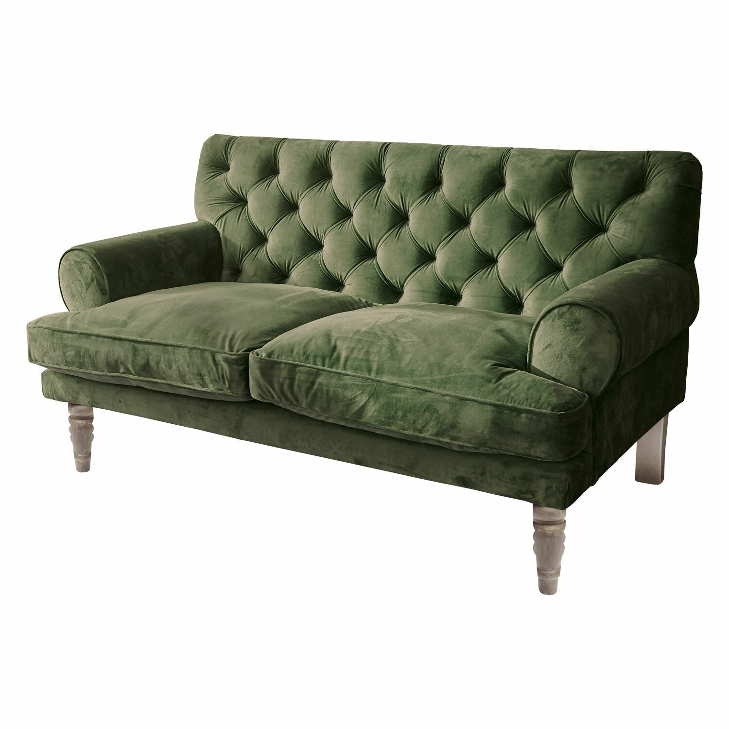 Sofá Carme Sofá verde de terciopelo con respaldo capitoné y patas de madera para salón elegante
