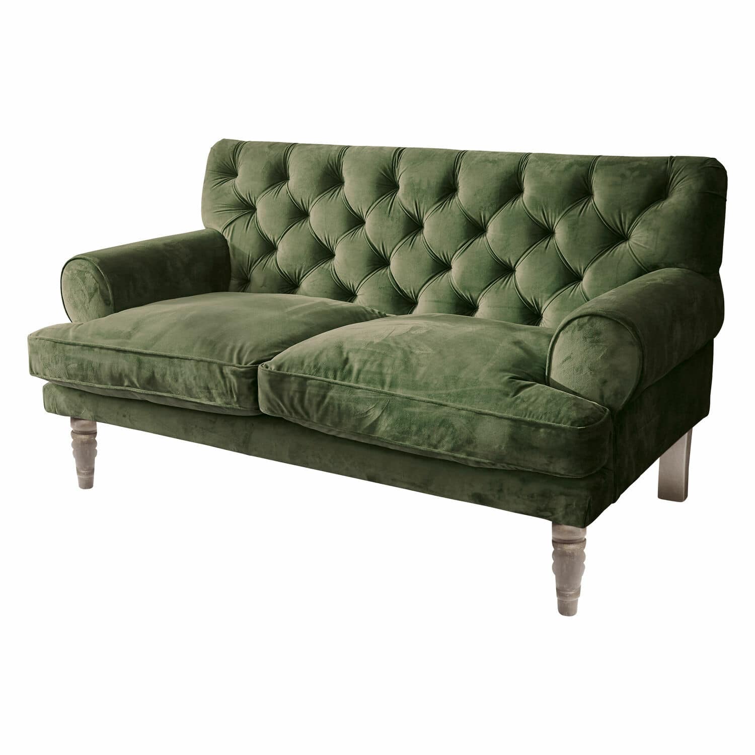 Sofá Carme Sofá verde de terciopelo con respaldo capitoné y patas de madera para salón elegante