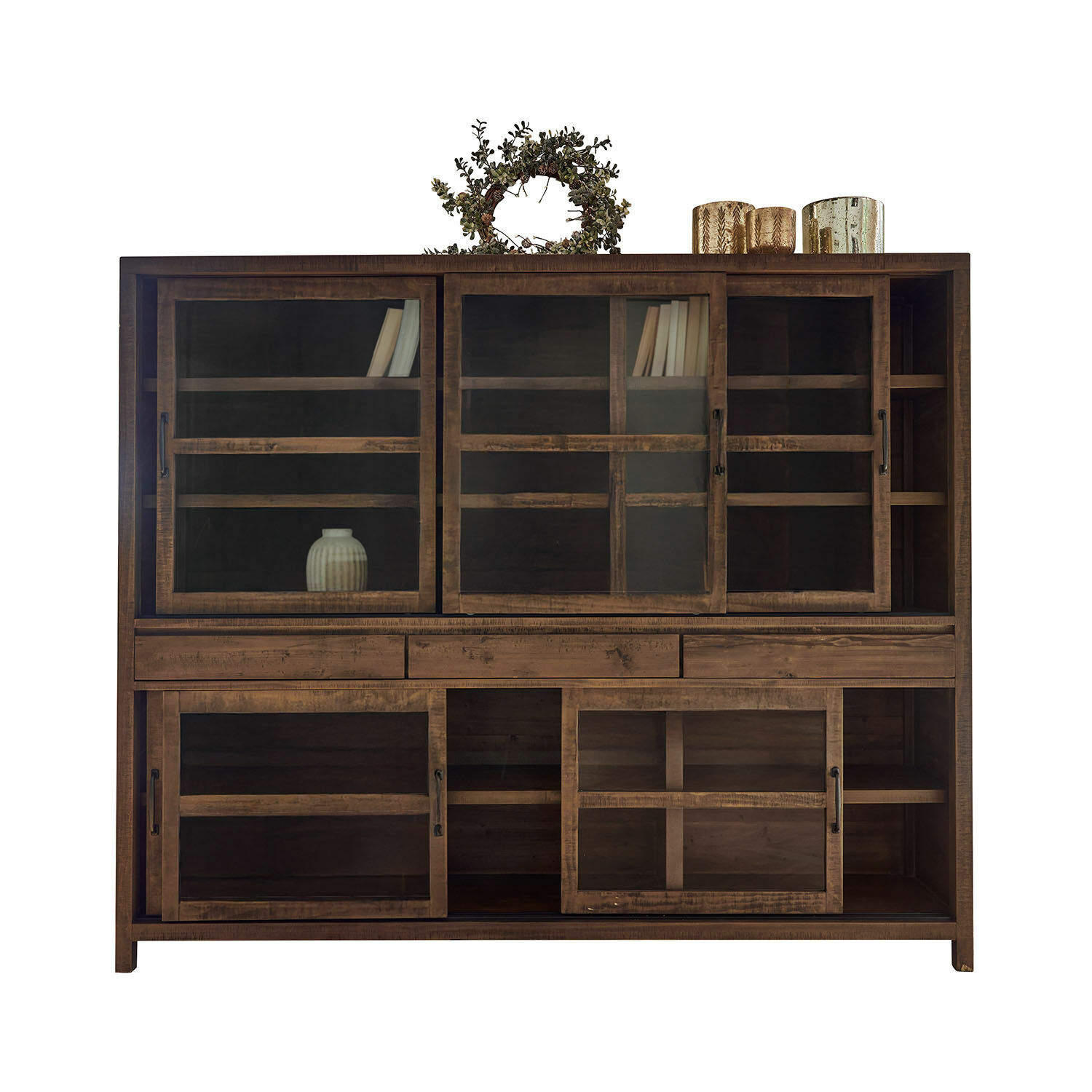 Vitrina Whitborne Gran vitrina de madera marrón con puertas de cristal y estantes, mueble para salón