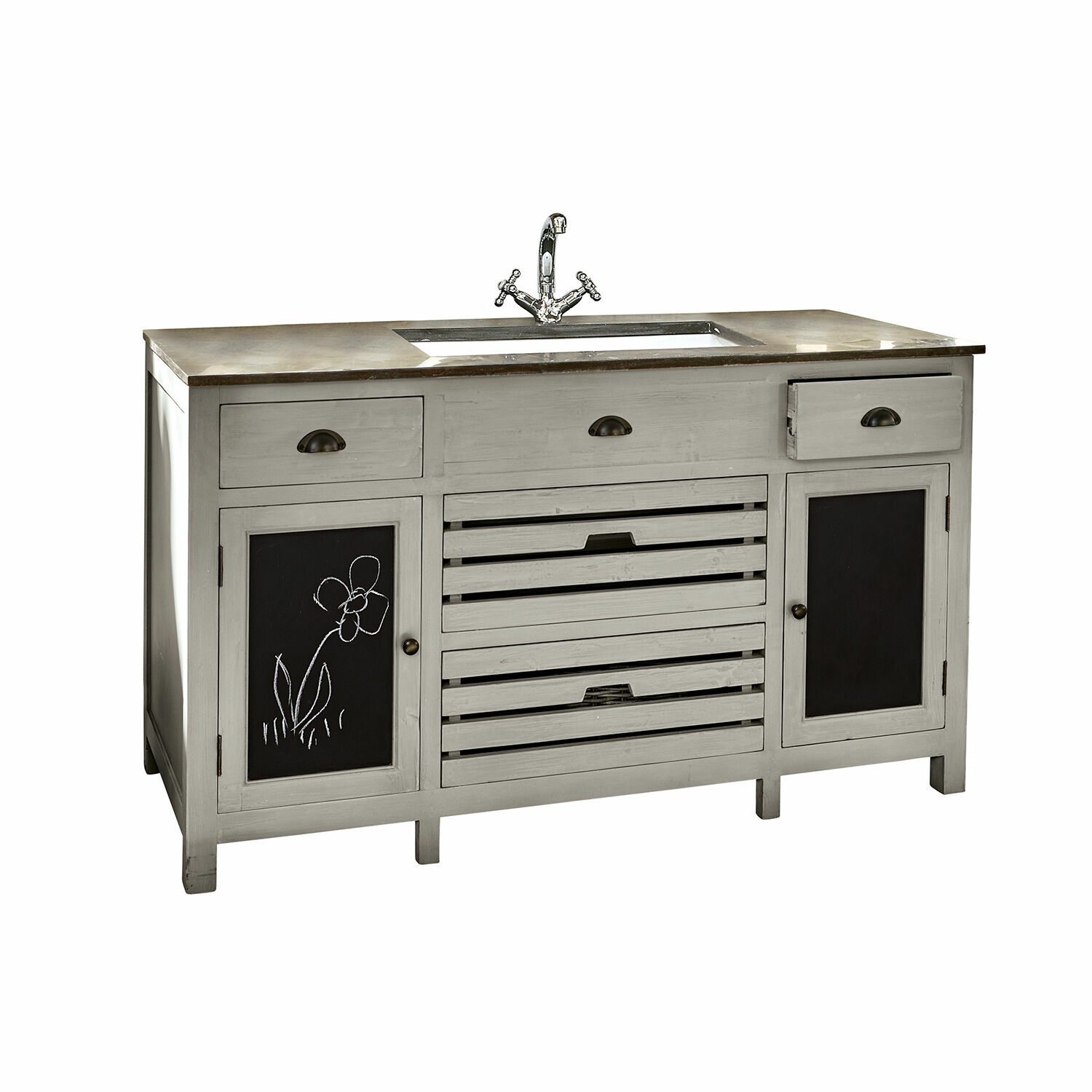 Mueble fregadero Rawlings de madera gris con encimera antracita y paneles de pizarra negra
