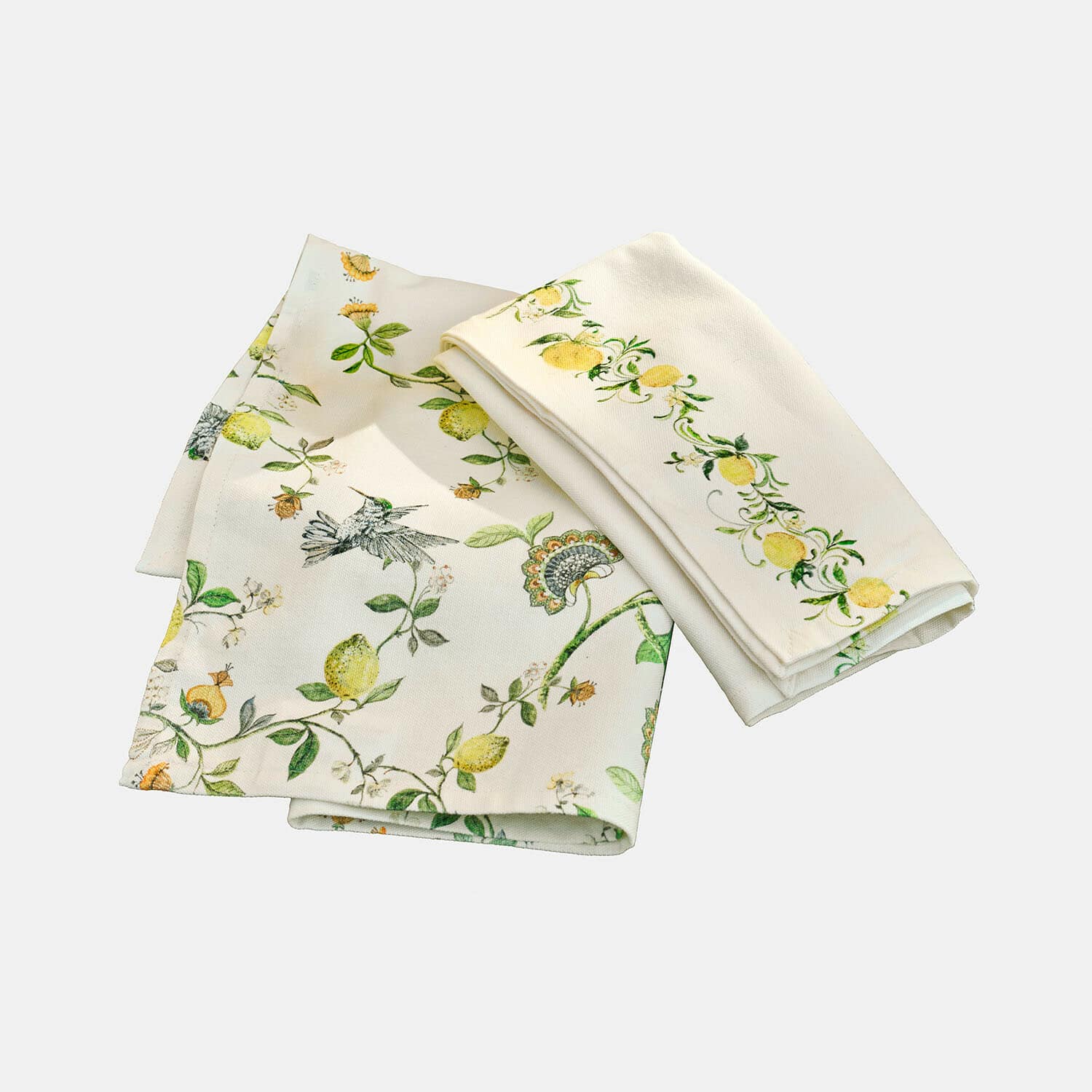 Juego de dos paños de cocina de algodón color crema con diseño de limones y pájaros para cocina