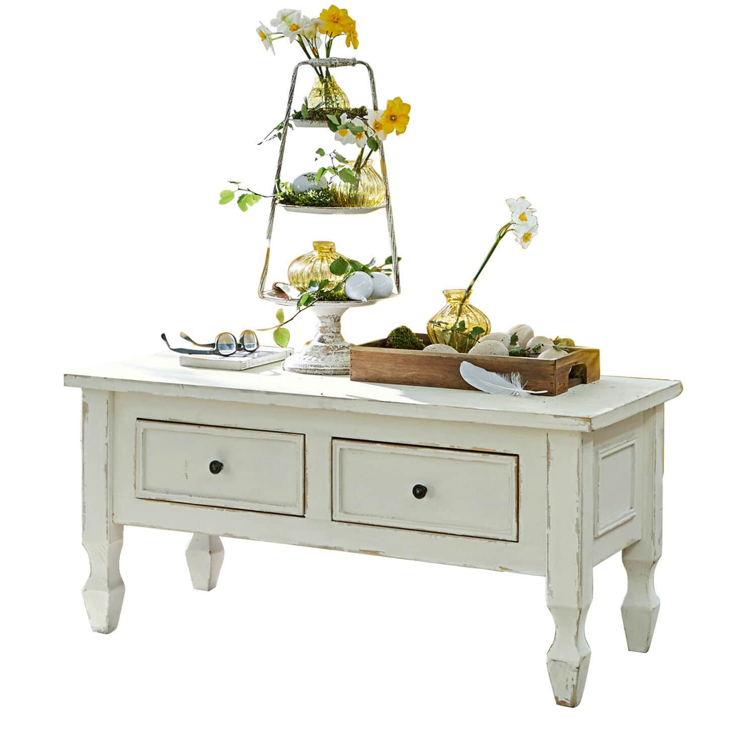 Mesa de centro Yurielka Mesa de centro blanca de madera con cajones y decoración primaveral con flores amarillas y vidrio