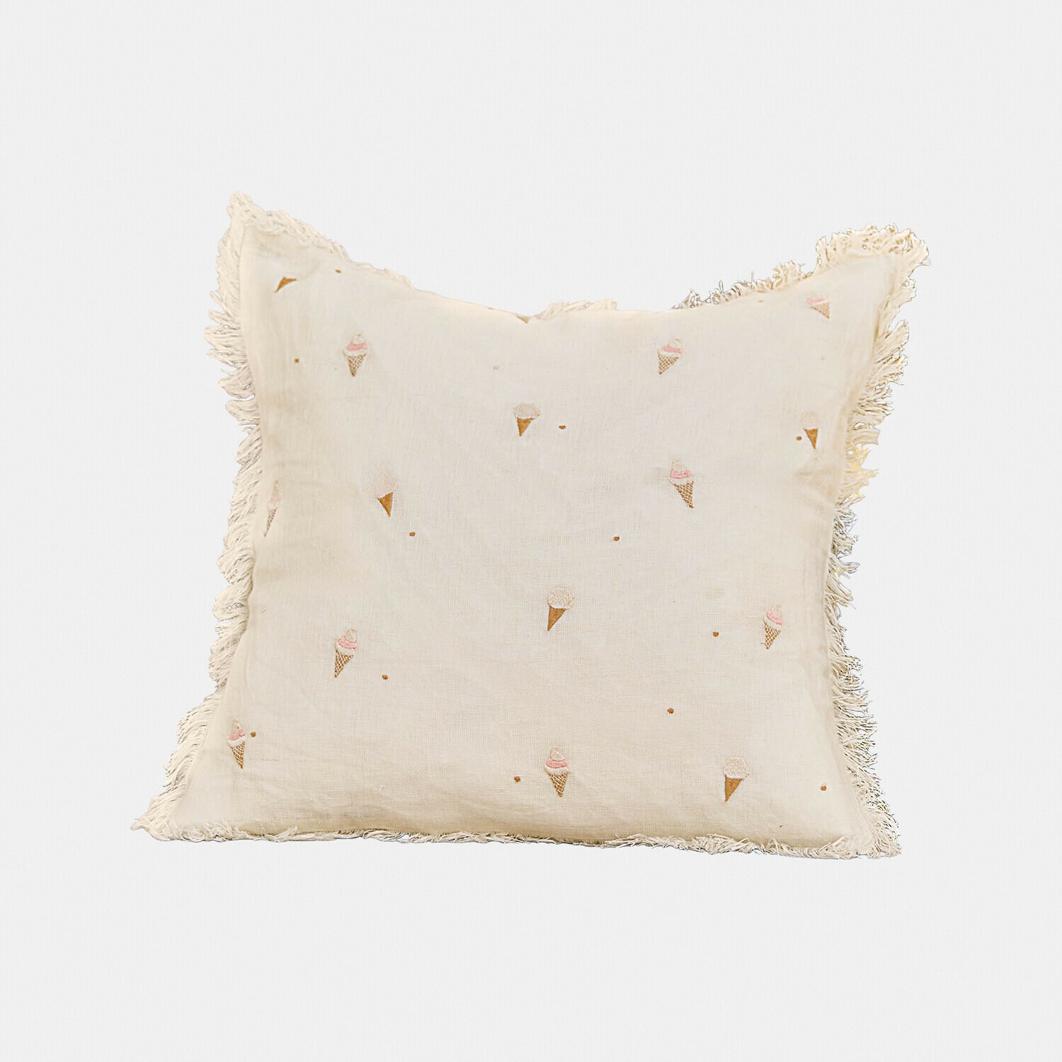Cojín beige de lino con flecos y bordados de helados en colores pastel, decoración acogedora