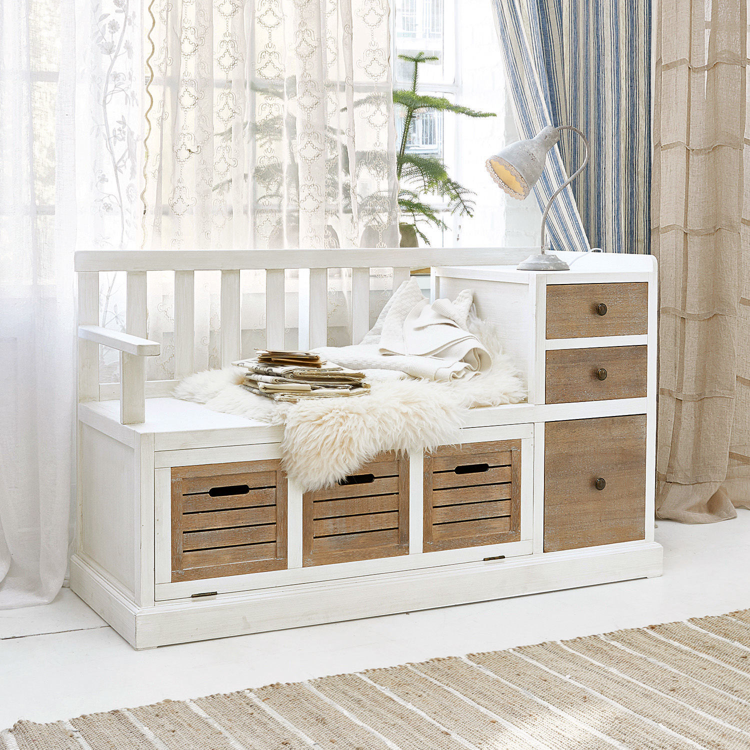 Banco Elton Banco de madera blanca con cajones naturales y piel sintética suave para almacenamiento y asiento